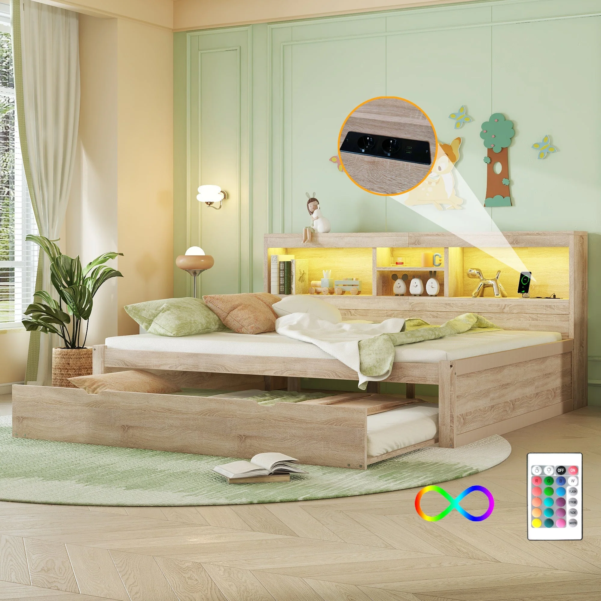 Daybed Sofa Bed 140x200cm Pull-out Bed LED Storage USB/Outlet - Natural