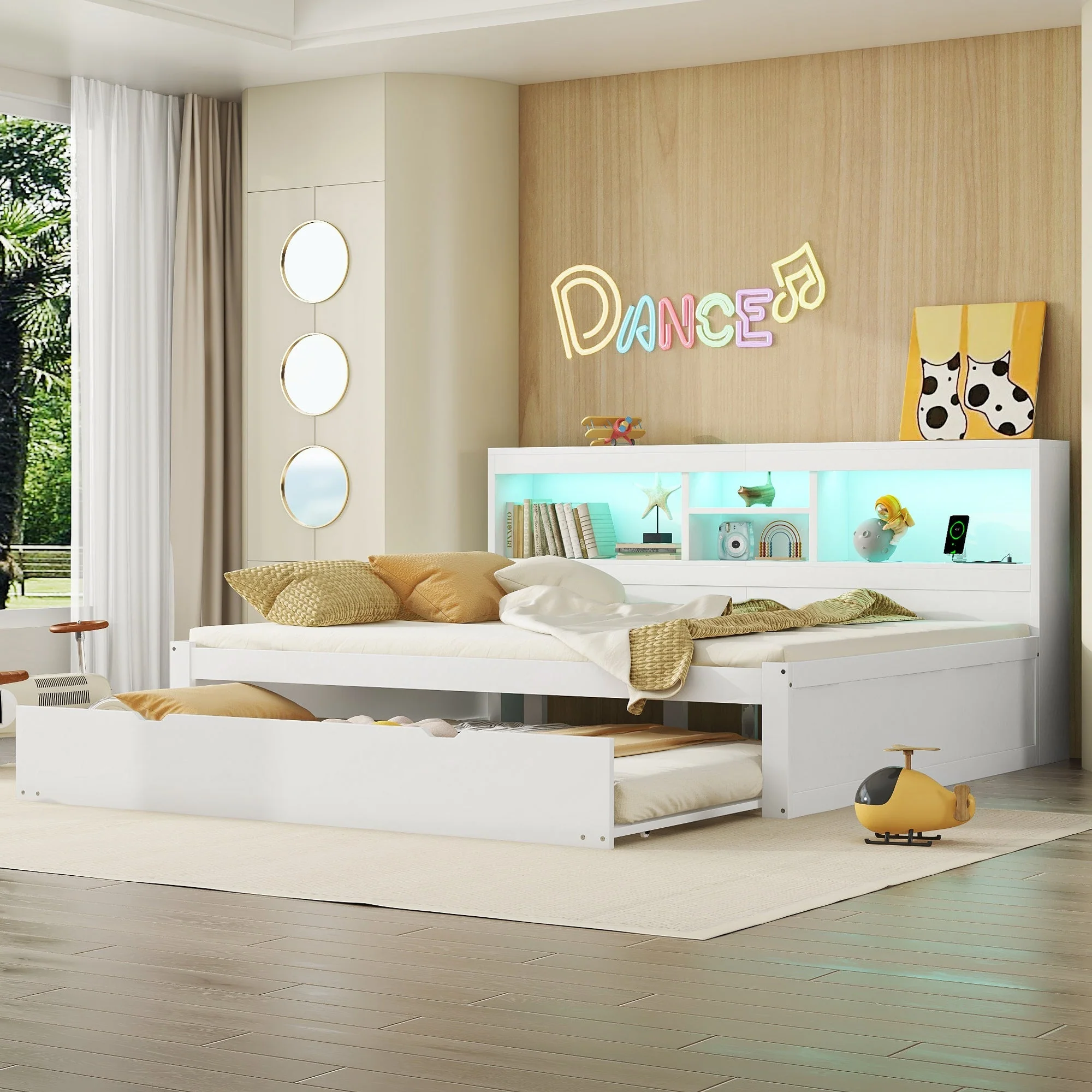 Daybed Sofa Bed 140x200cm Pull-out Bed LED Storage USB/Power Outlet - White - Image 6