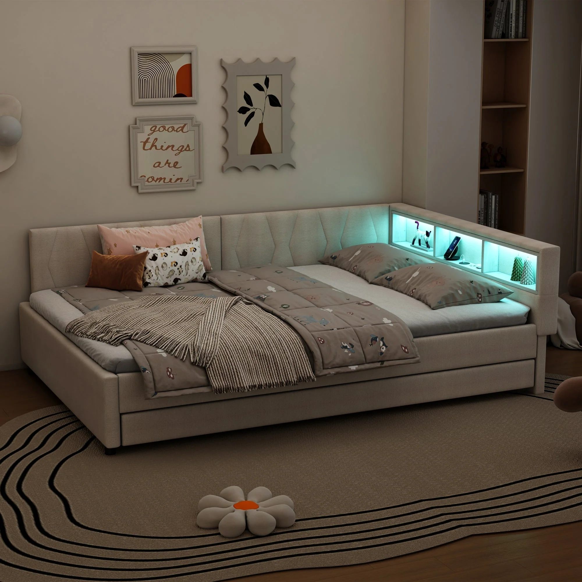 Daybed Sofa Bed 140x200cm Pull-out Bed Storage LED USB/Type-C - Linen Beige - Image 6