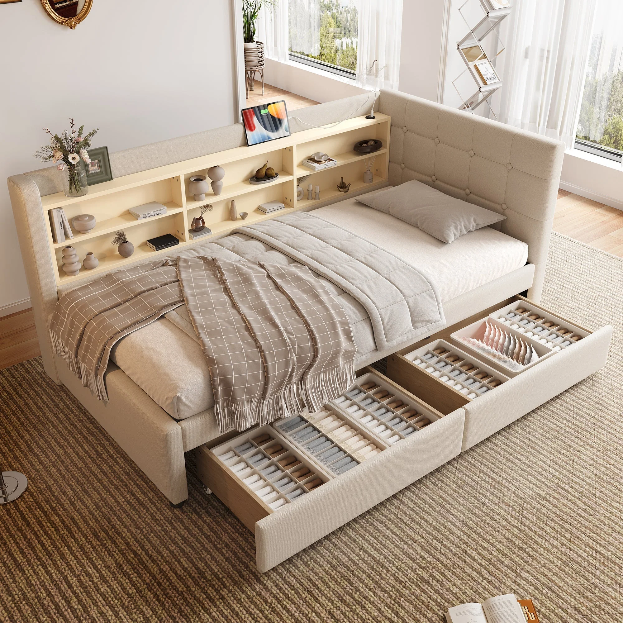 Daybed Sofa Bed 90x200cm 2 Drawers USB-Type C Storage - Linen Beige - Image 4