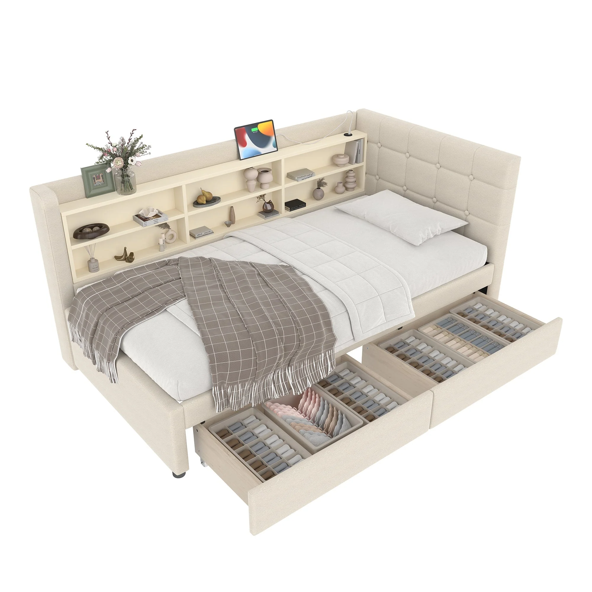 Daybed Sofa Bed 90x200cm 2 Drawers USB-Type C Storage - Linen Beige - Image 9