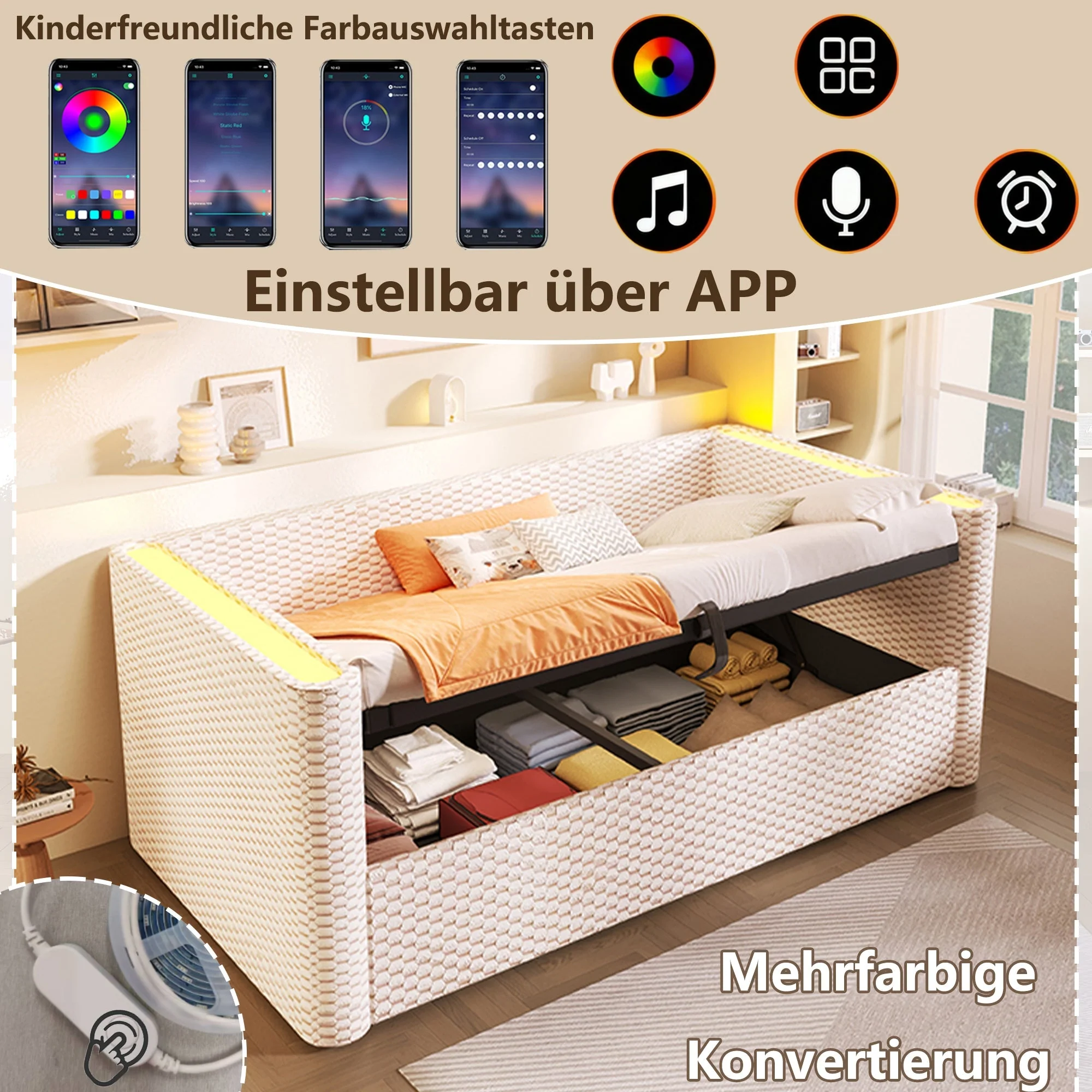 Daybed Sofa Bed 90x200cm Hydraulic Storage LED Lighting Velvet Beige - Image 2