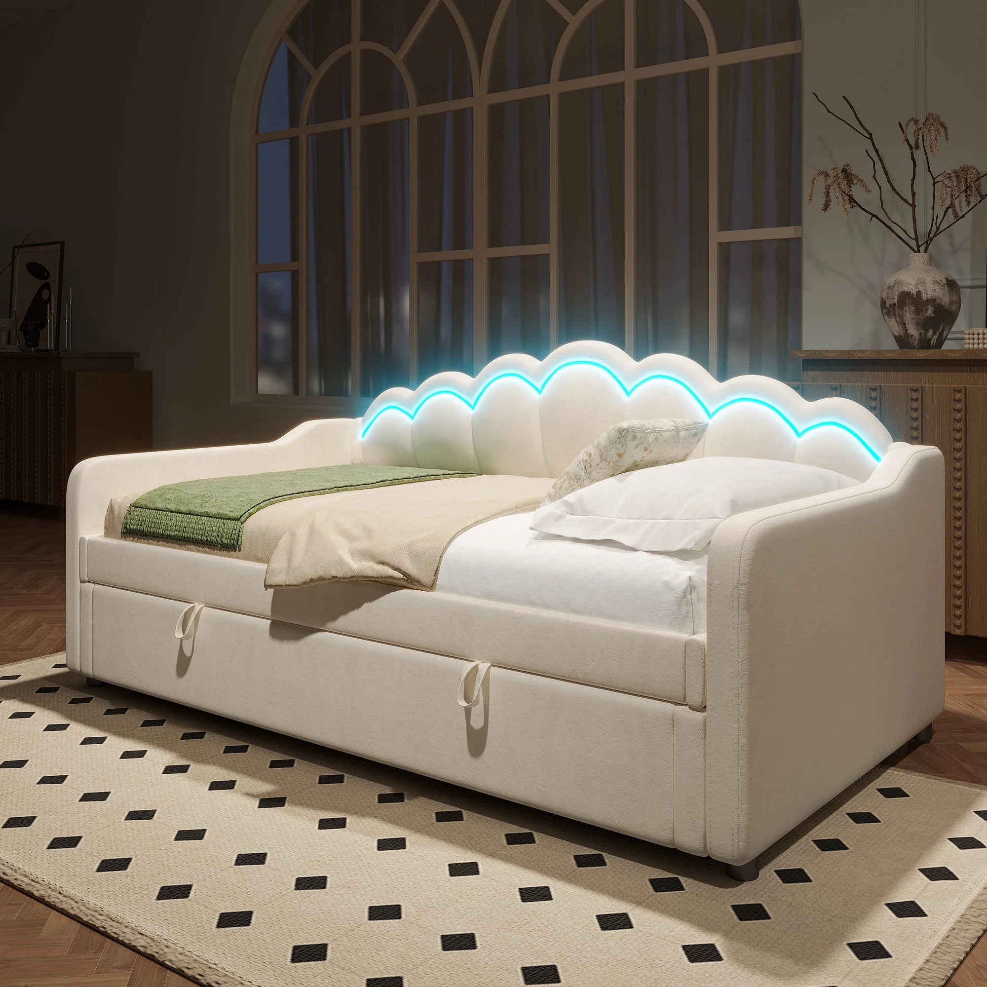 Daybed Sofa Bed 90x200cm Hydraulic Storage LED - Velvet Beige - Image 2