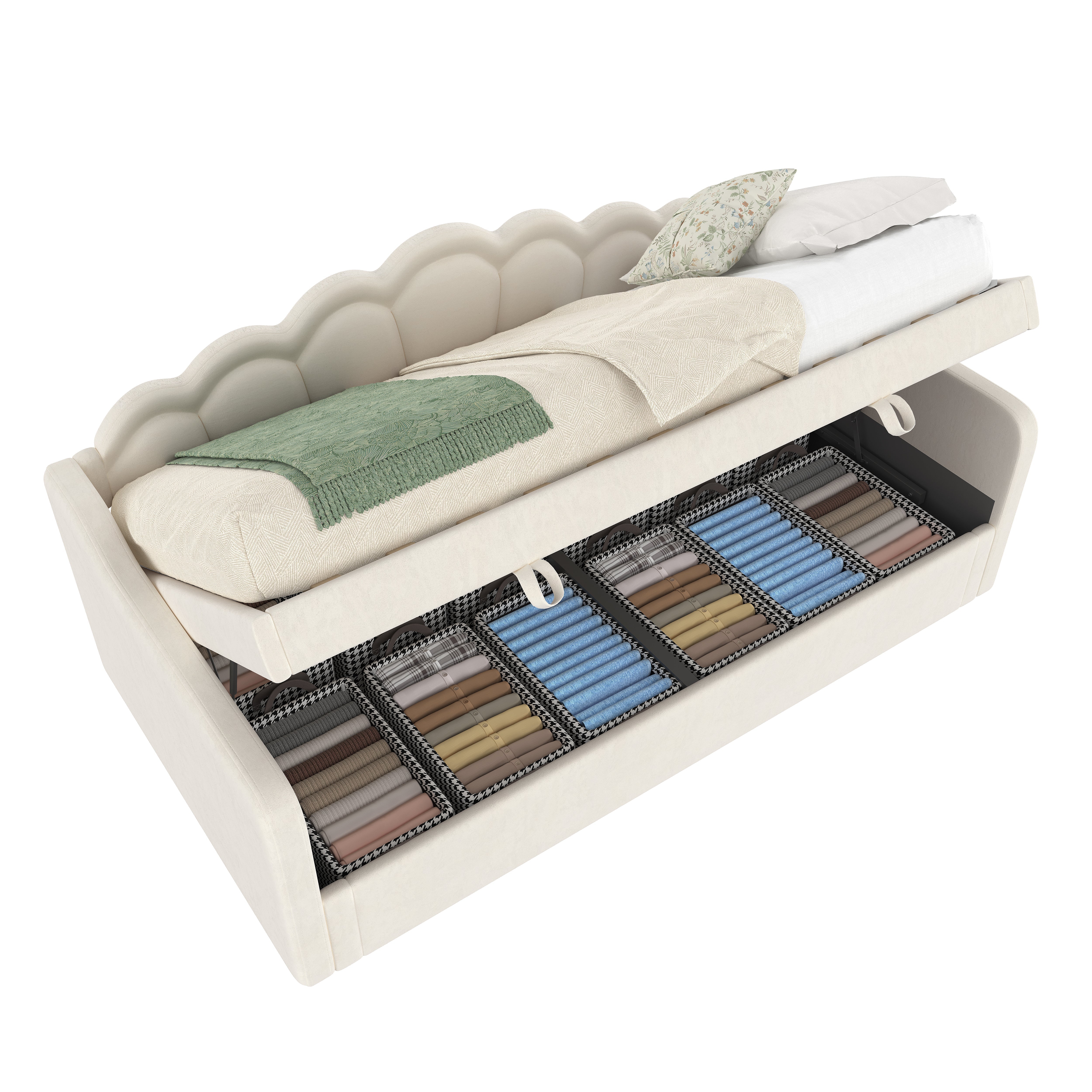 Daybed Sofa Bed 90x200cm Hydraulic Storage LED - Velvet Beige - Image 7