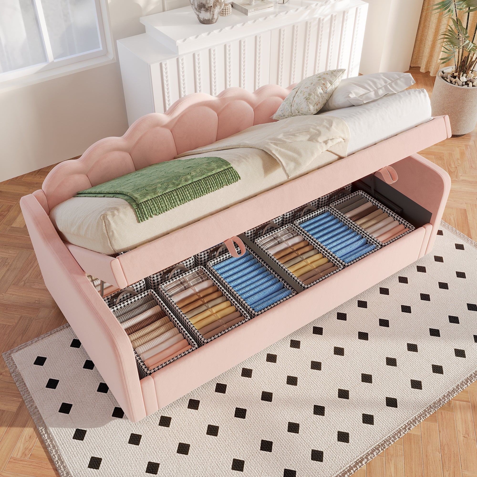 Daybed Sofa Bed 90x200cm Hydraulic Storage LED - Velvet Pink - Image 2