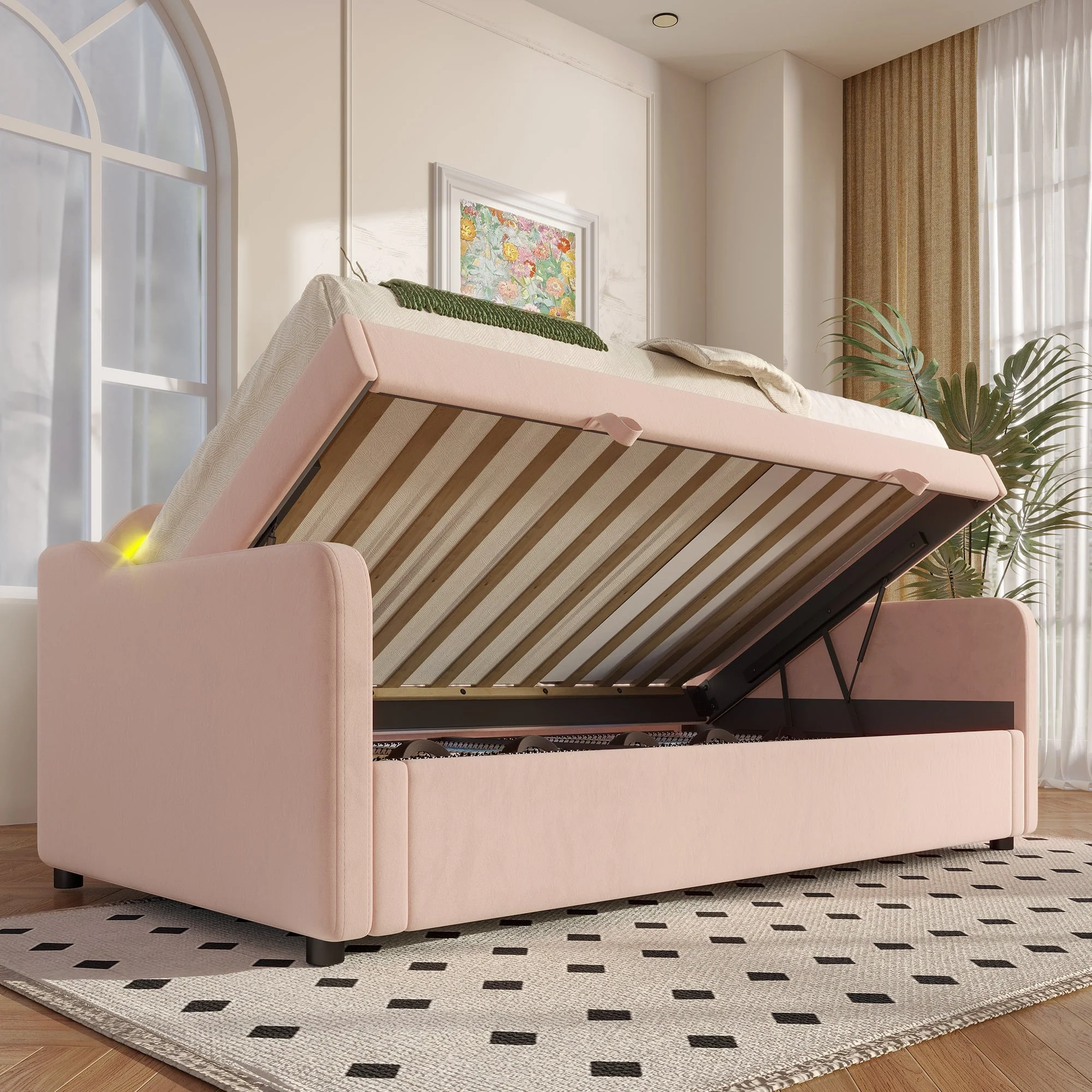 Daybed Sofa Bed 90x200cm Hydraulic Storage LED - Velvet Pink - Image 6