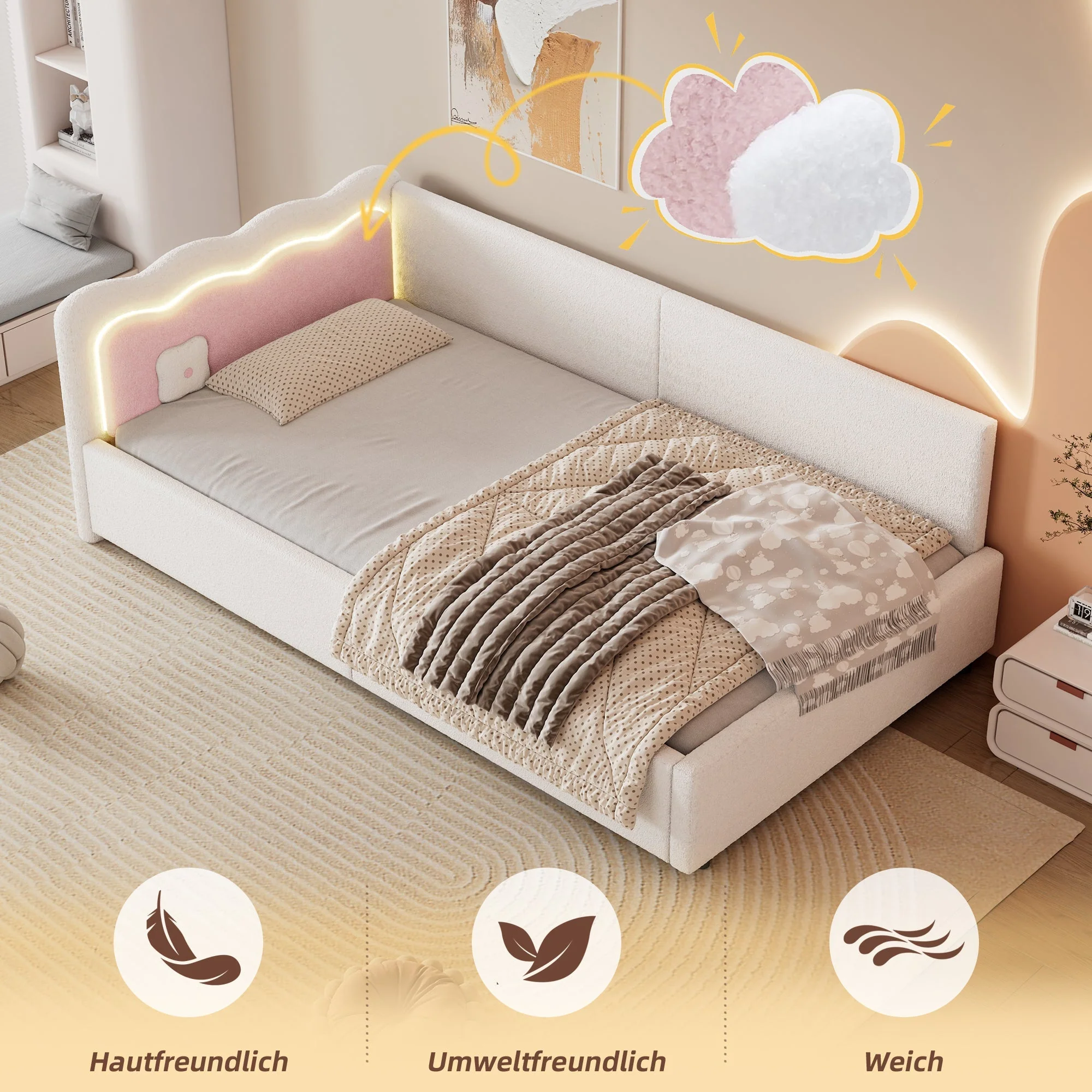 Daybed Sofa Bed 90x200cm LED Remote Control - White Imitation Fleece - Image 3