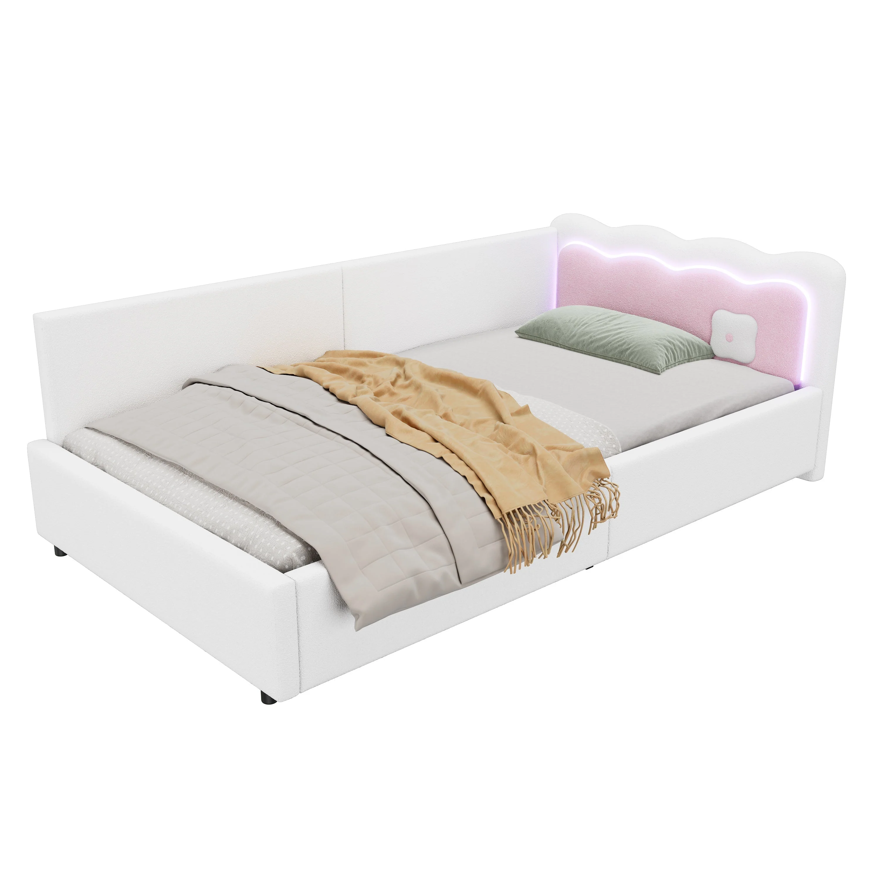 Daybed Sofa Bed 90x200cm LED Remote Control - White Imitation Fleece - Image 8