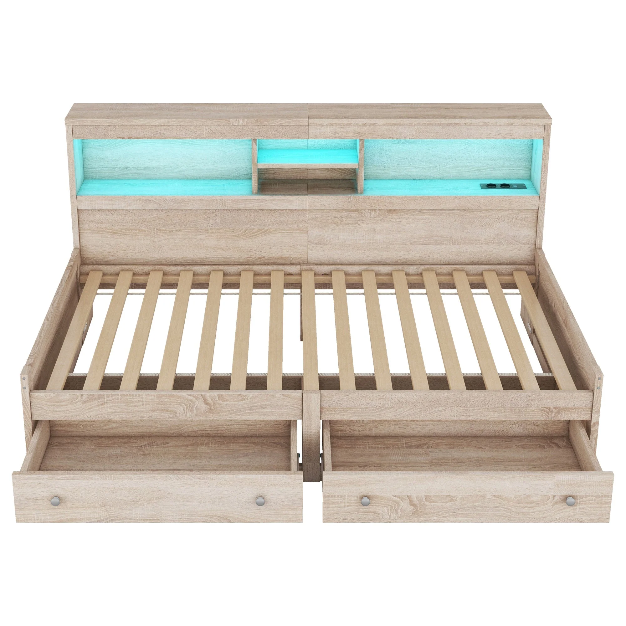Daybed Sofa Bed 90x200cm Nightstand USB Charging Ambient Lighting 2 Drawers Chipboard Natural - Image 10