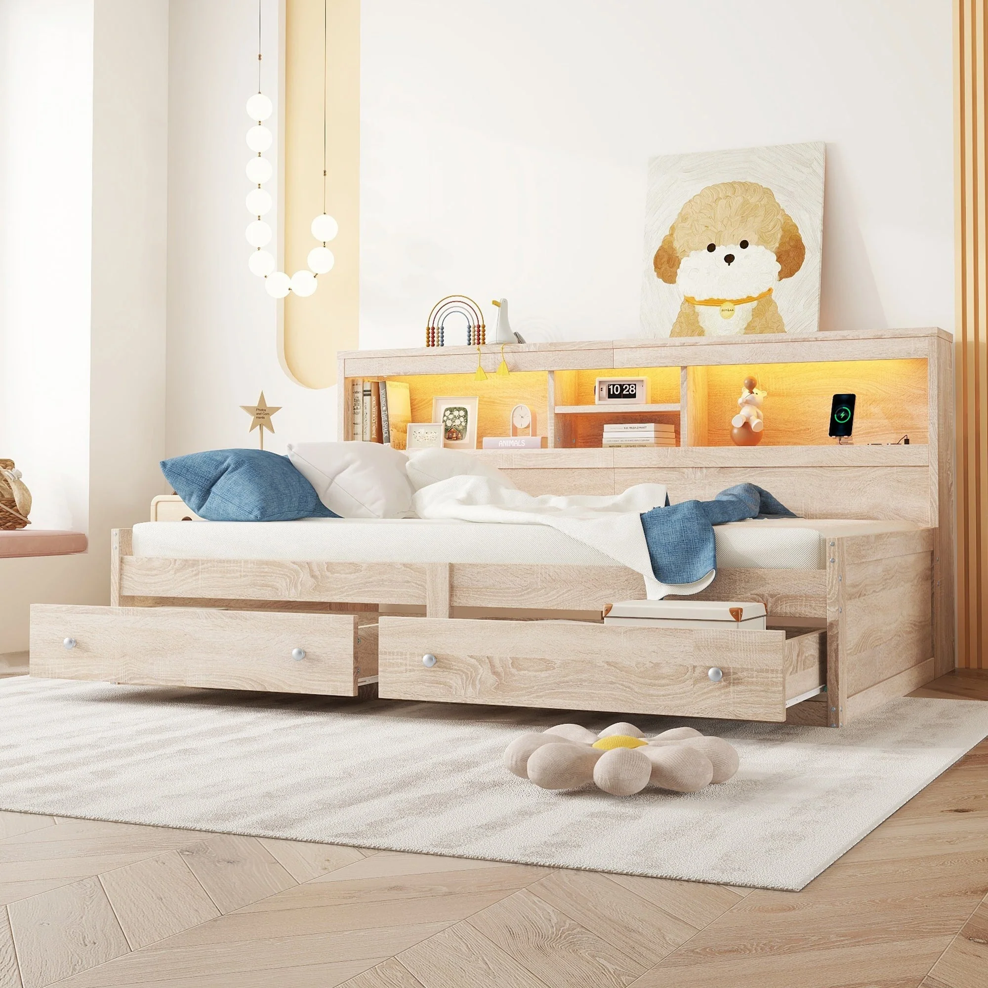 Daybed Sofa Bed 90x200cm Nightstand USB Charging Ambient Lighting 2 Drawers Chipboard Natural - Image 4