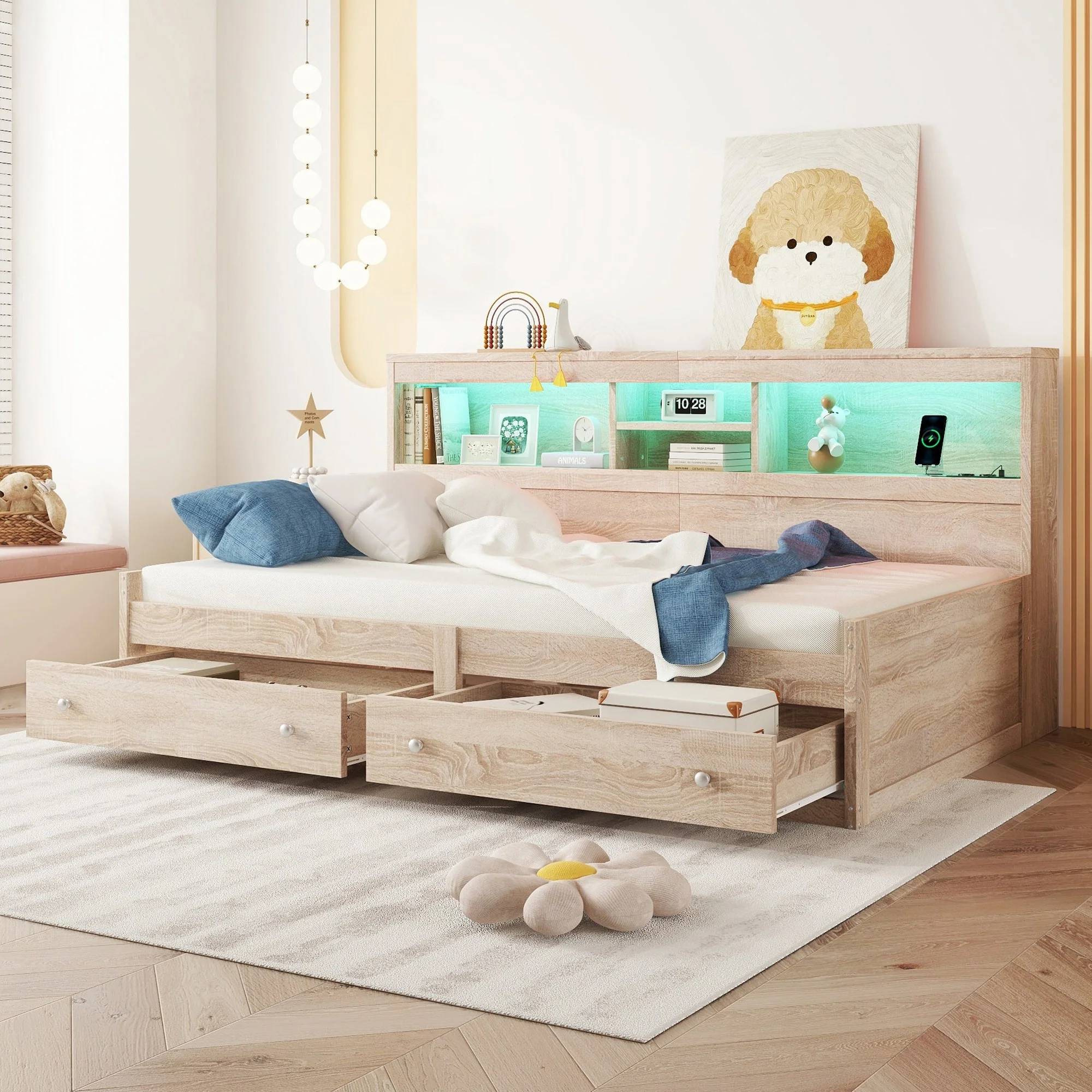Daybed Sofa Bed 90x200cm Nightstand USB Charging Ambient Lighting 2 Drawers Chipboard Natural - Image 6