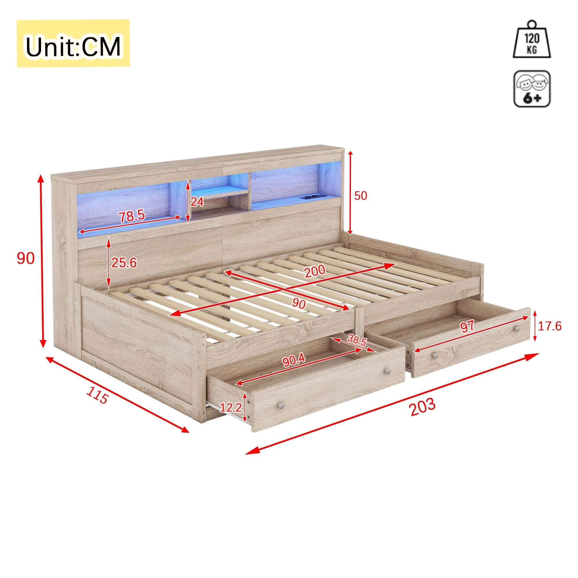 Daybed Sofa Bed 90x200cm Nightstand USB Charging Ambient Lighting 2 Drawers Chipboard Natural - Image 9