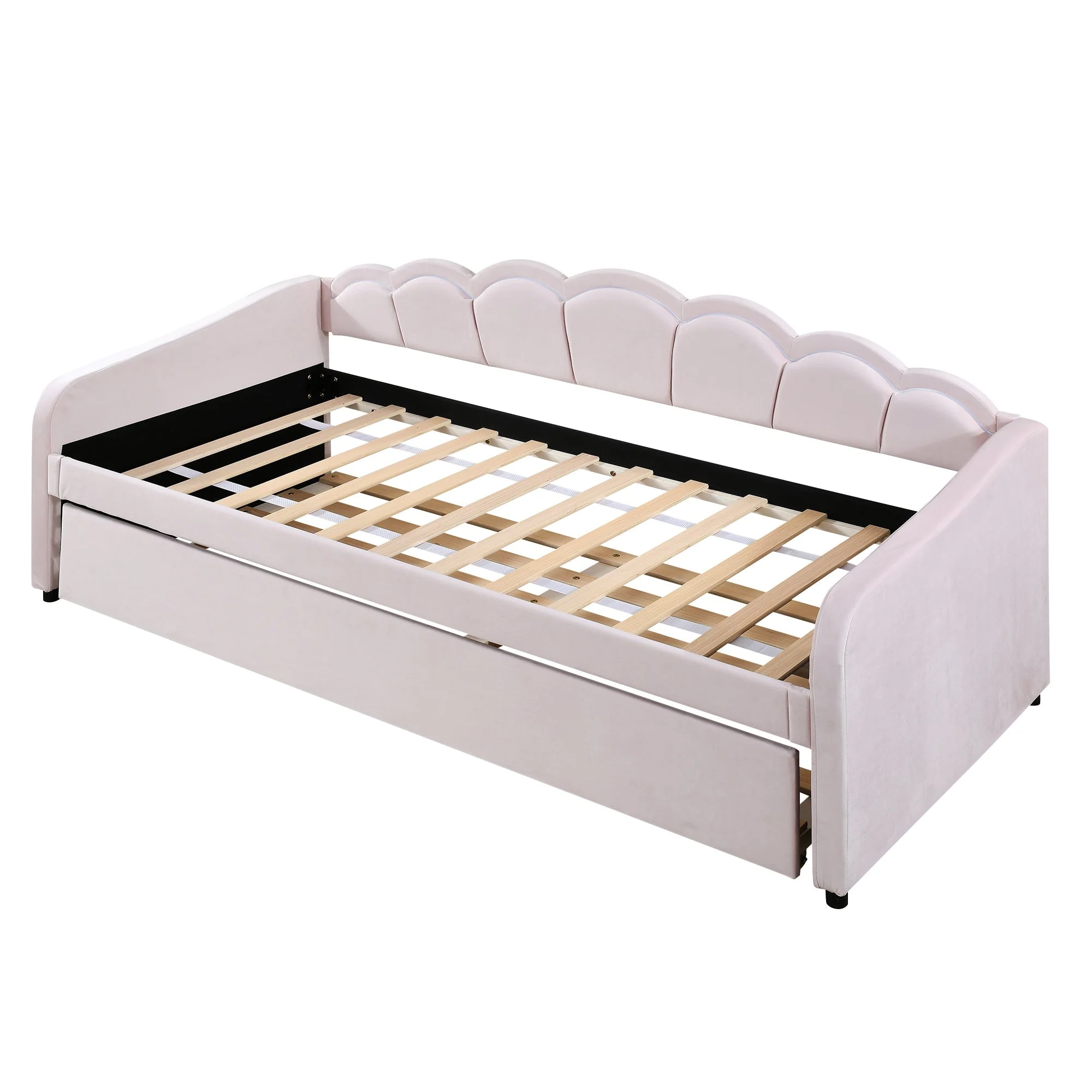Daybed Sofa Bed 90x200cm Pull-out Bed Ambient Light Remote Control - Velvet Pink - Image 10