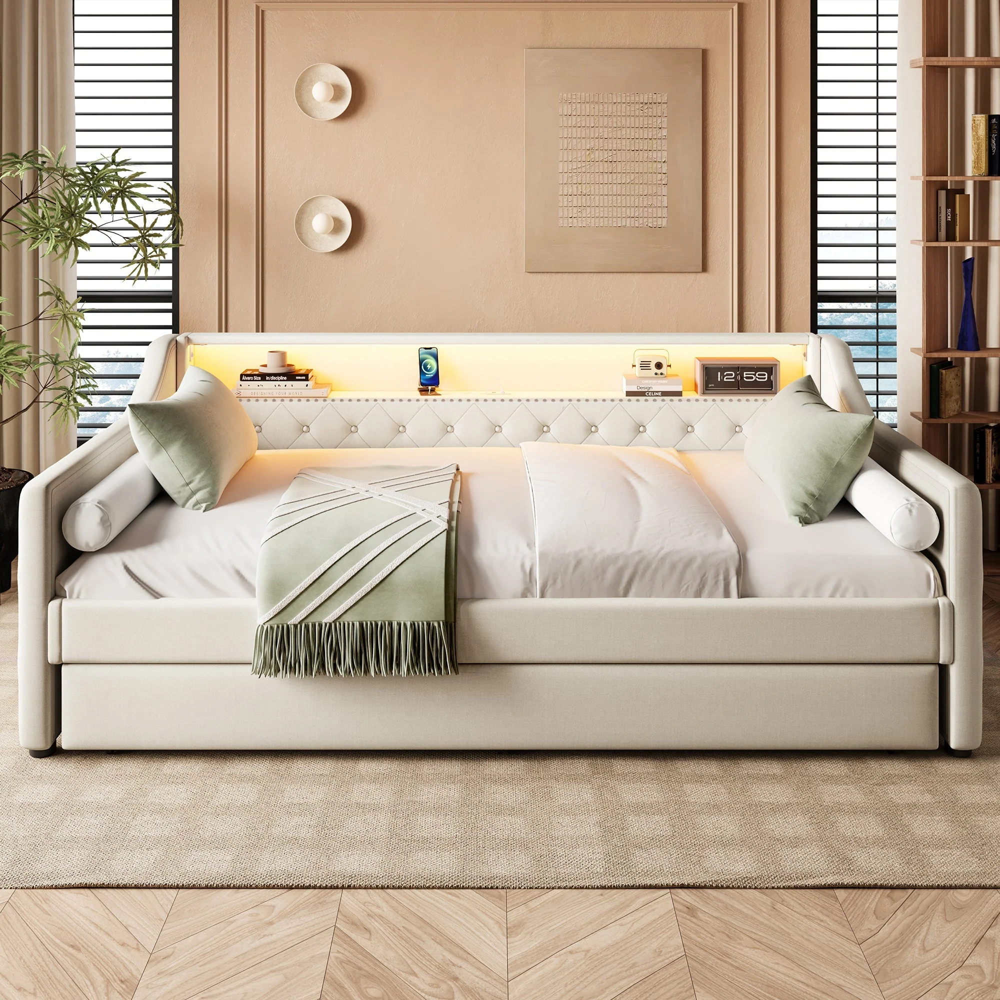 Daybed Sofa Bed 90x200cm Pull-out Bed LED Light USB Charging - Linen Beige - Image 6