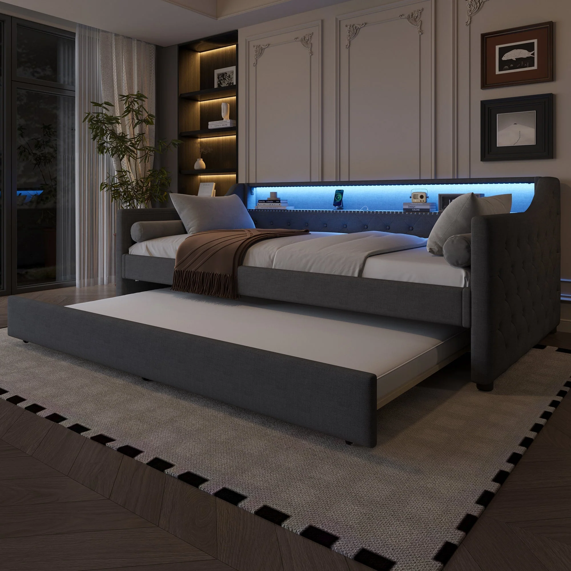 Daybed Sofa Bed 90x200cm Pull-out Bed LED USB - Linen Grey - Image 4