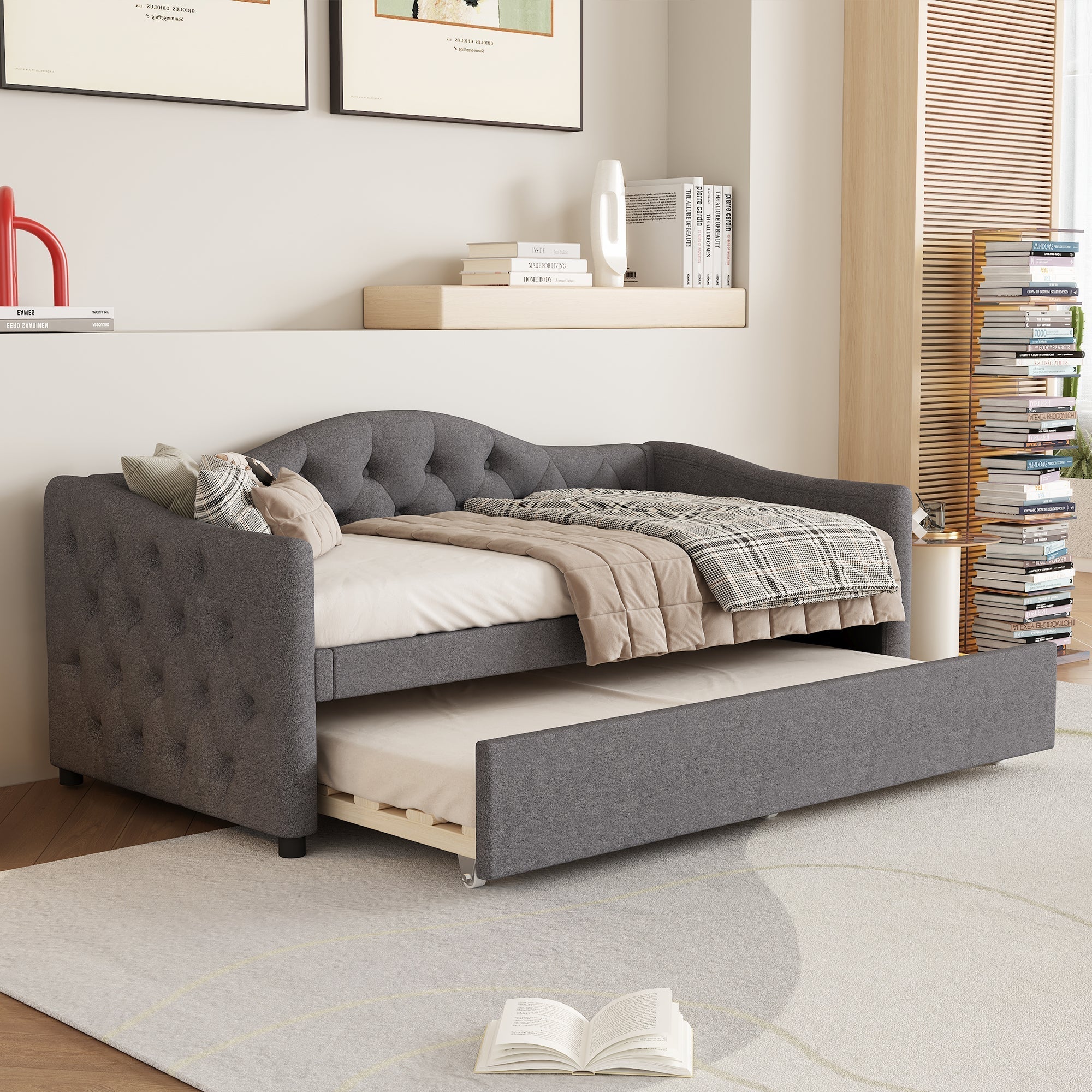 Daybed Sofa Bed 90x200cm Pull-out Bed Minimalist - Linen Grey
