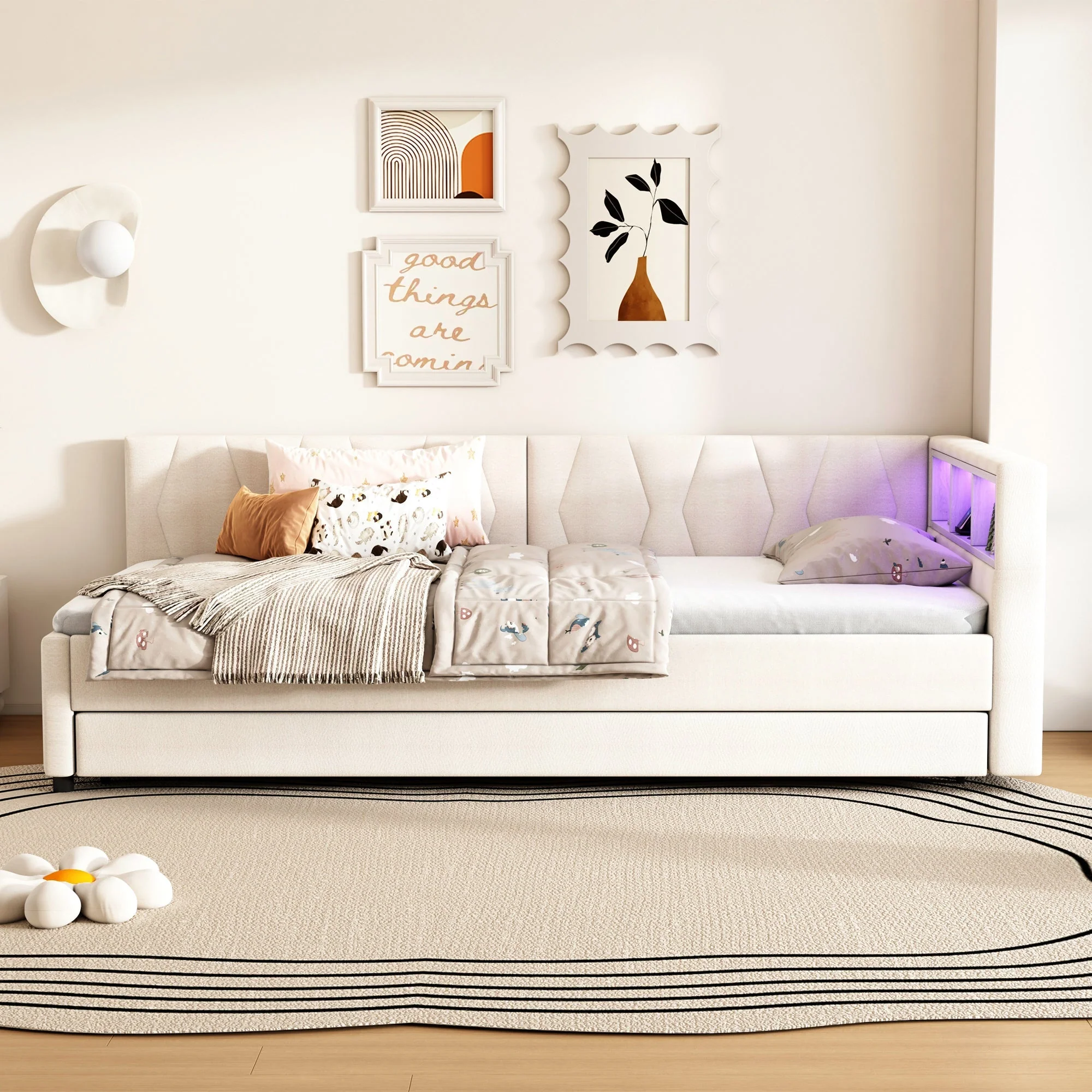 Daybed Sofa Bed 90x200cm Pull-out Bed Storage LED USB/Type-C - Linen Beige - Image 5