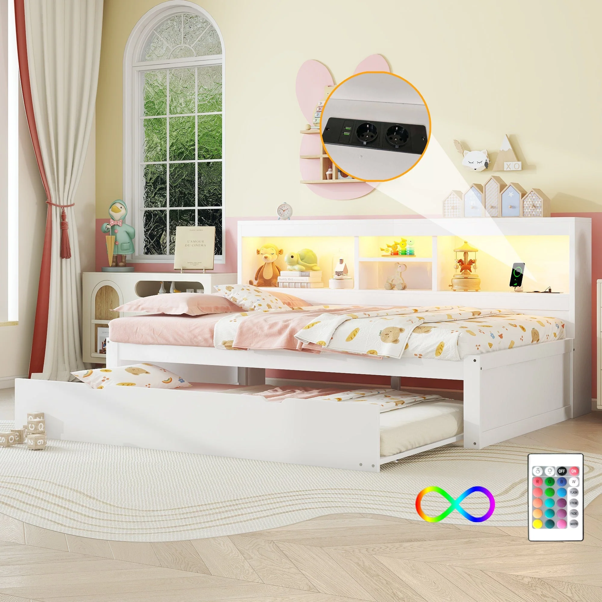 Daybed Sofa Bed 90x200cm Pull-out LED Storage USB/Power - White