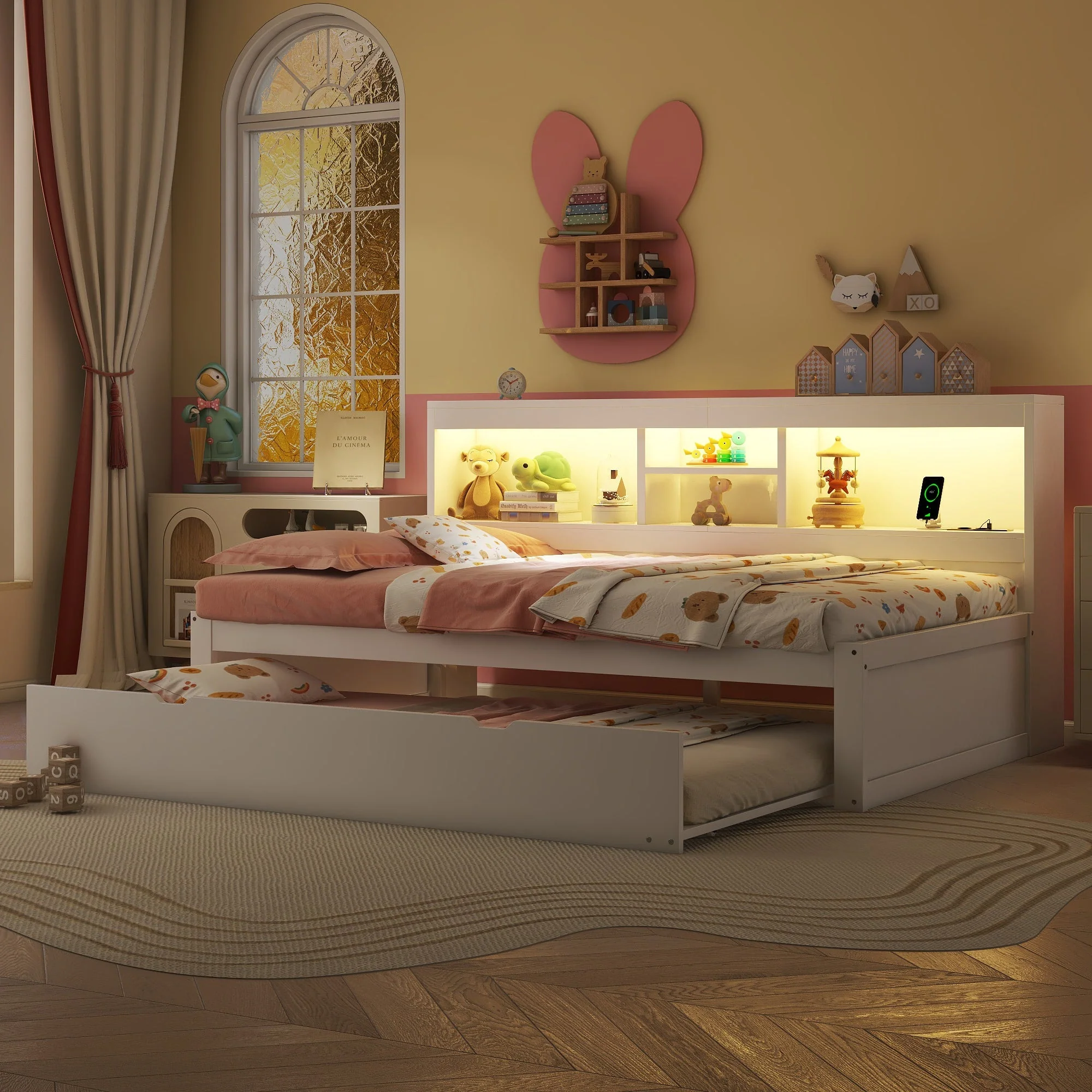 Daybed Sofa Bed 90x200cm Pull-out LED Storage USB/Power - White - Image 3