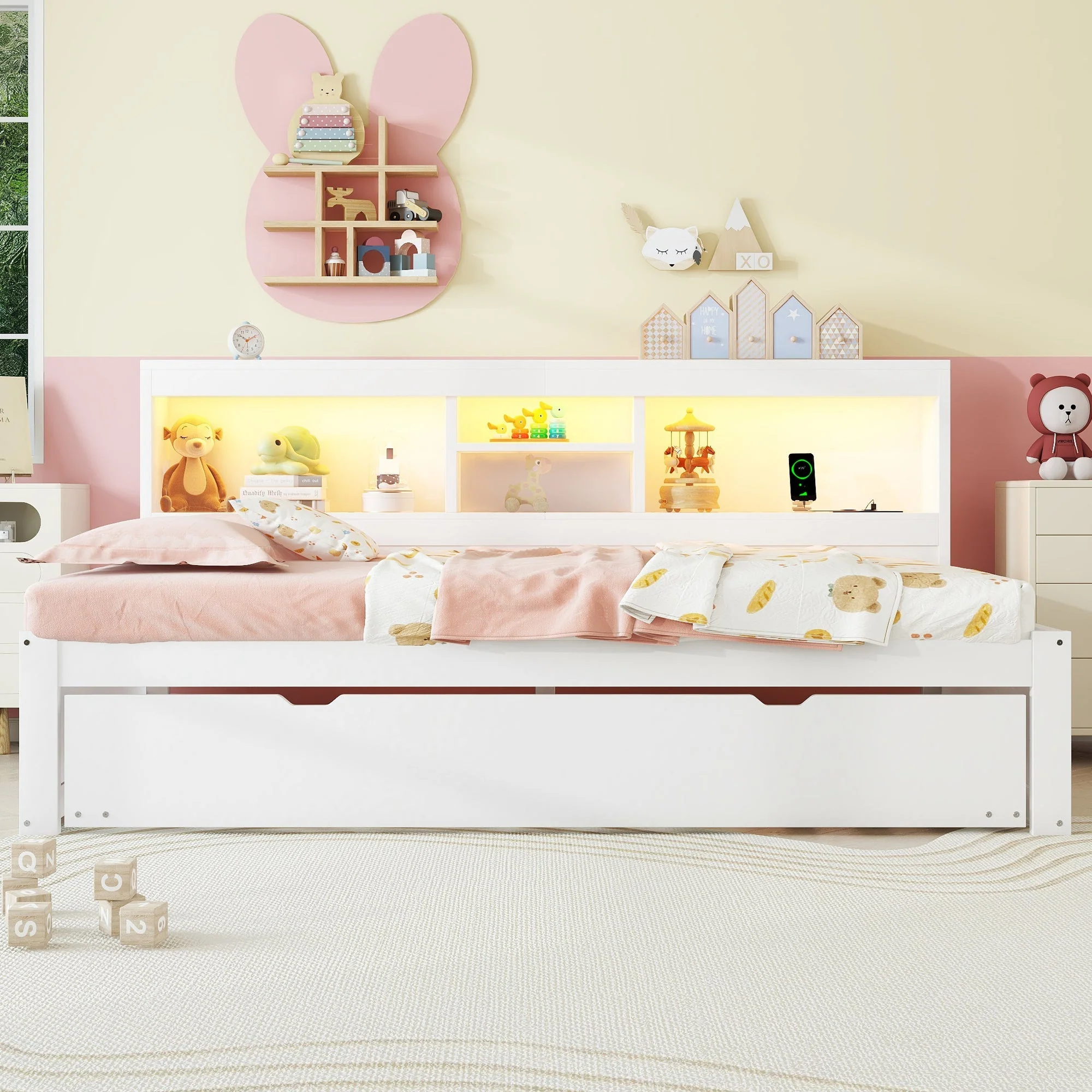 Daybed Sofa Bed 90x200cm Pull-out LED Storage USB/Power - White - Image 4