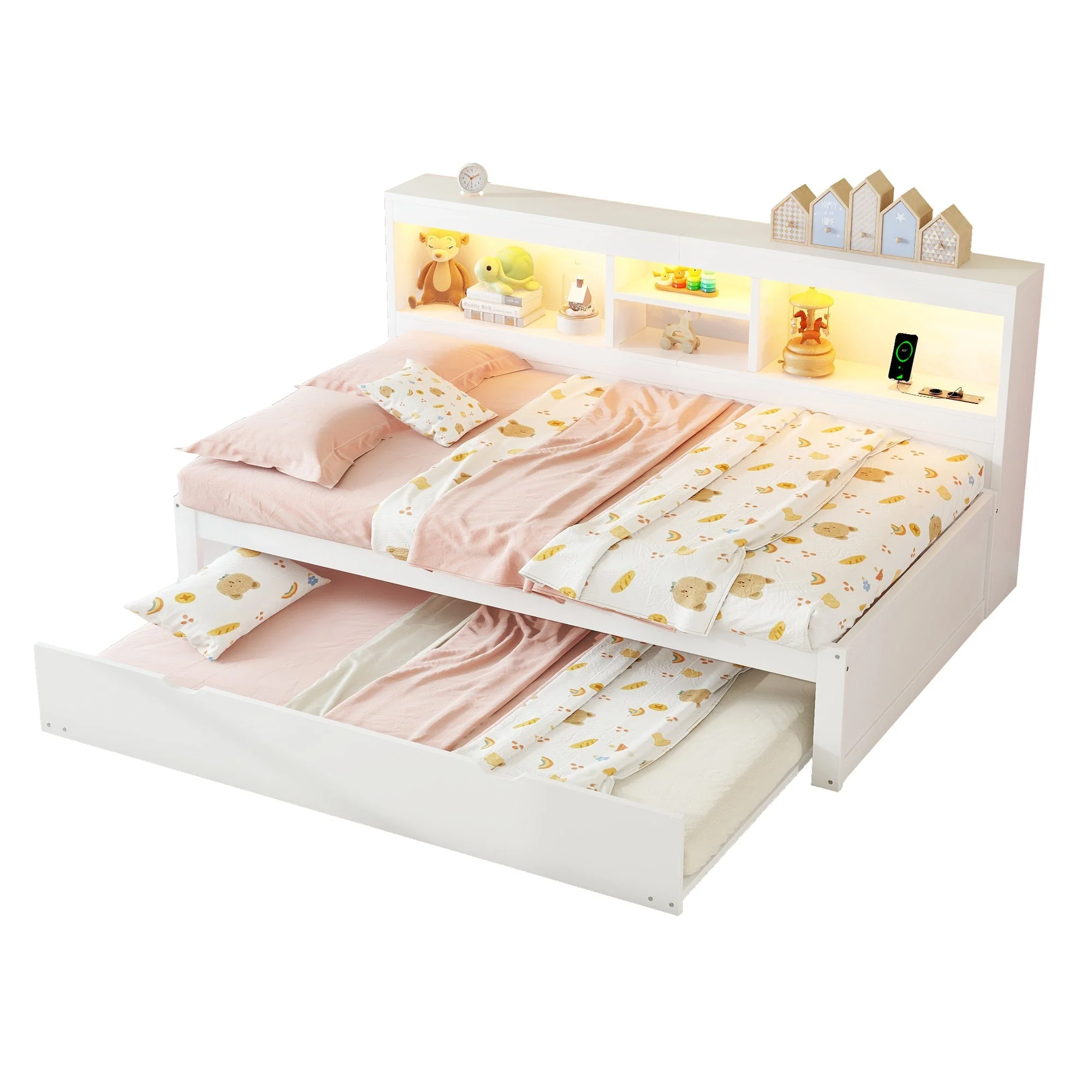 Daybed Sofa Bed 90x200cm Pull-out LED Storage USB/Power - White - Image 7