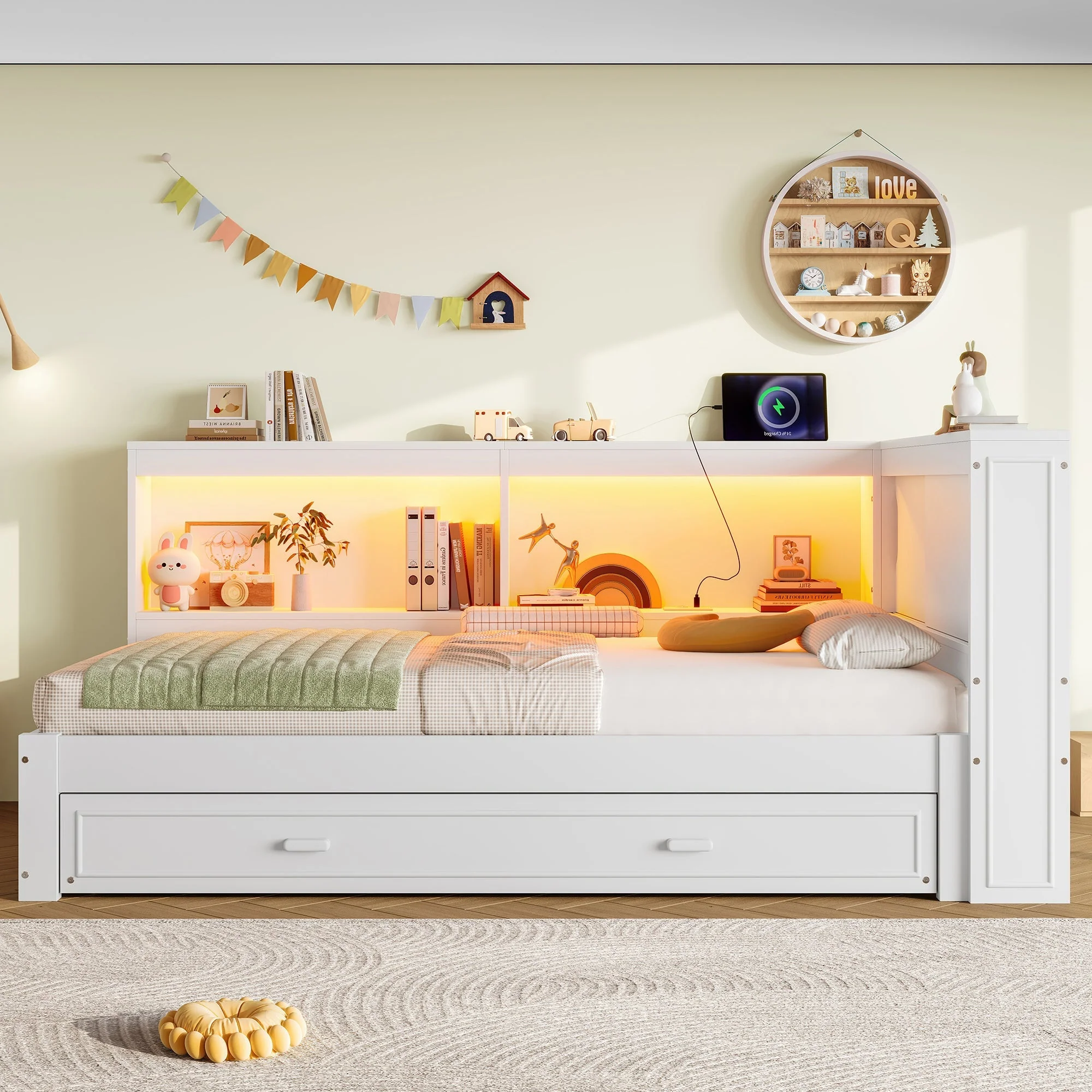 Daybed Sofa Bed, 90x200cm Pull-out LED/USB/Type-C Port, White - Image 2