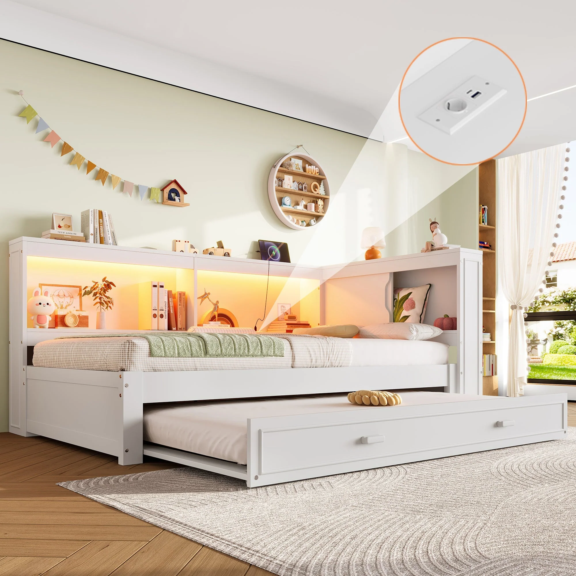 Daybed Sofa Bed, 90x200cm Pull-out LED/USB/Type-C Port, White - Image 5