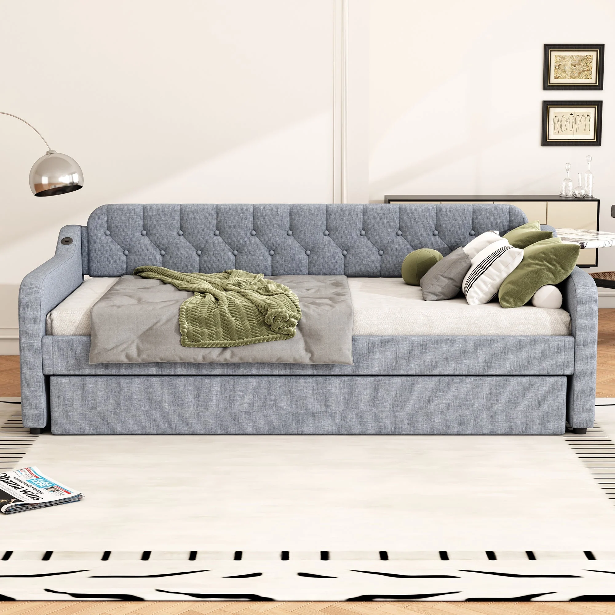 Daybed Sofa Bed 90x200cm Pull-out Rollaway USB Port - Grey - Image 3