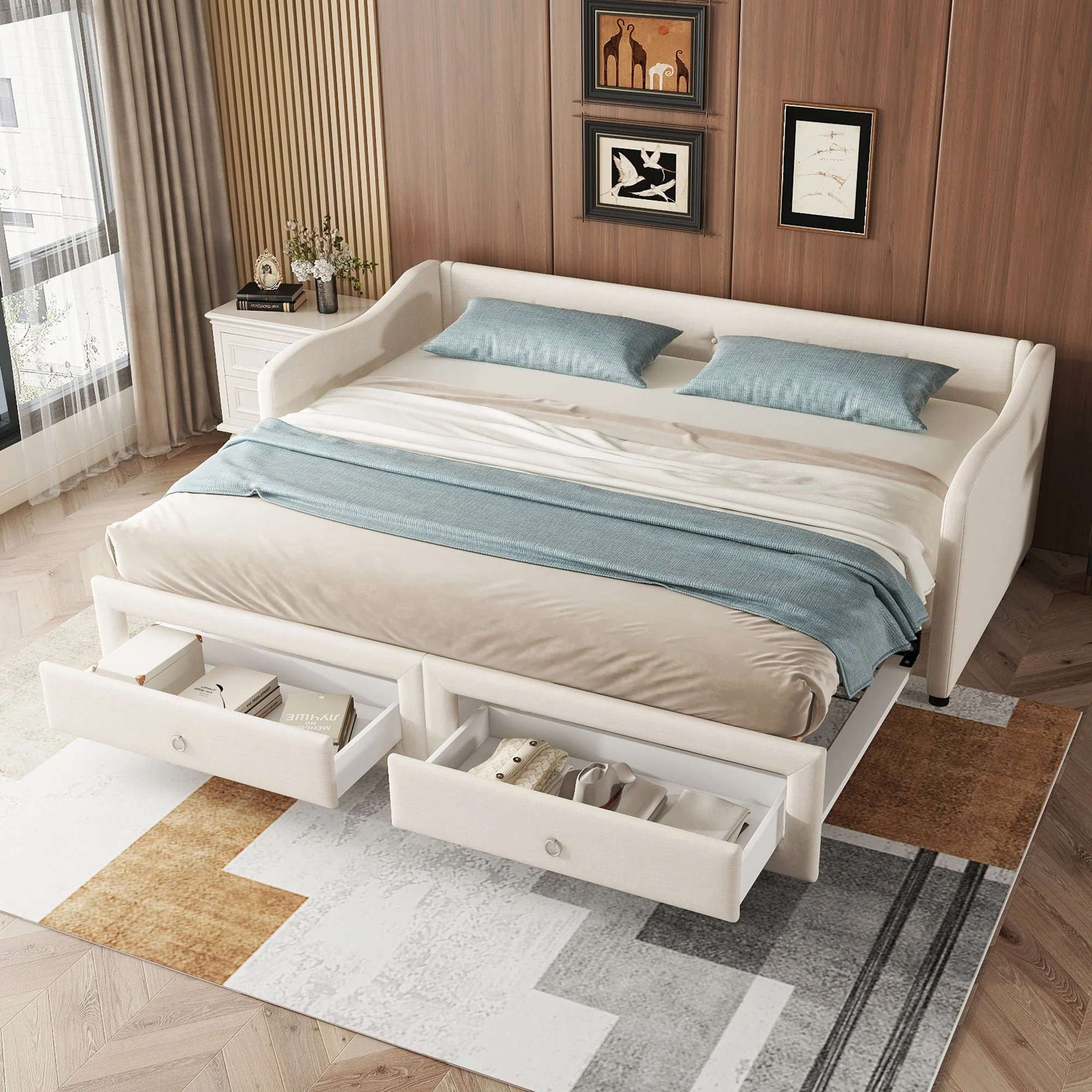 Daybed Sofa Bed 90x200cm Pull-Out Storage Drawers Linen Beige - Image 4