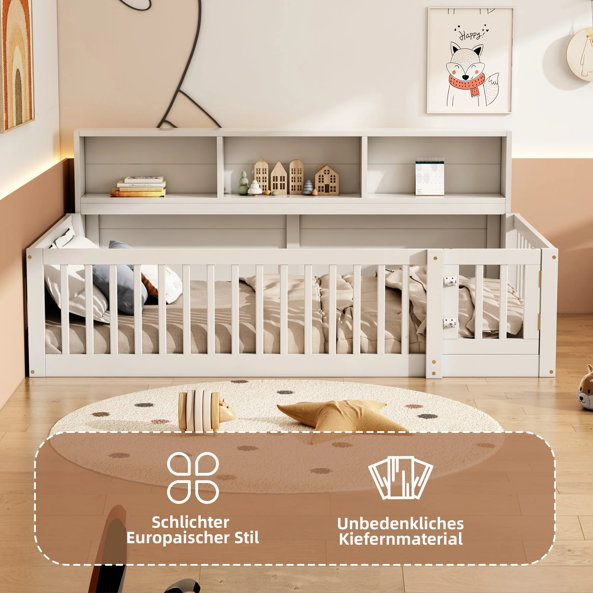 Daybed Sofa Bed 90x200cm Storage Compartment Railing - Pine Wood White - Image 2