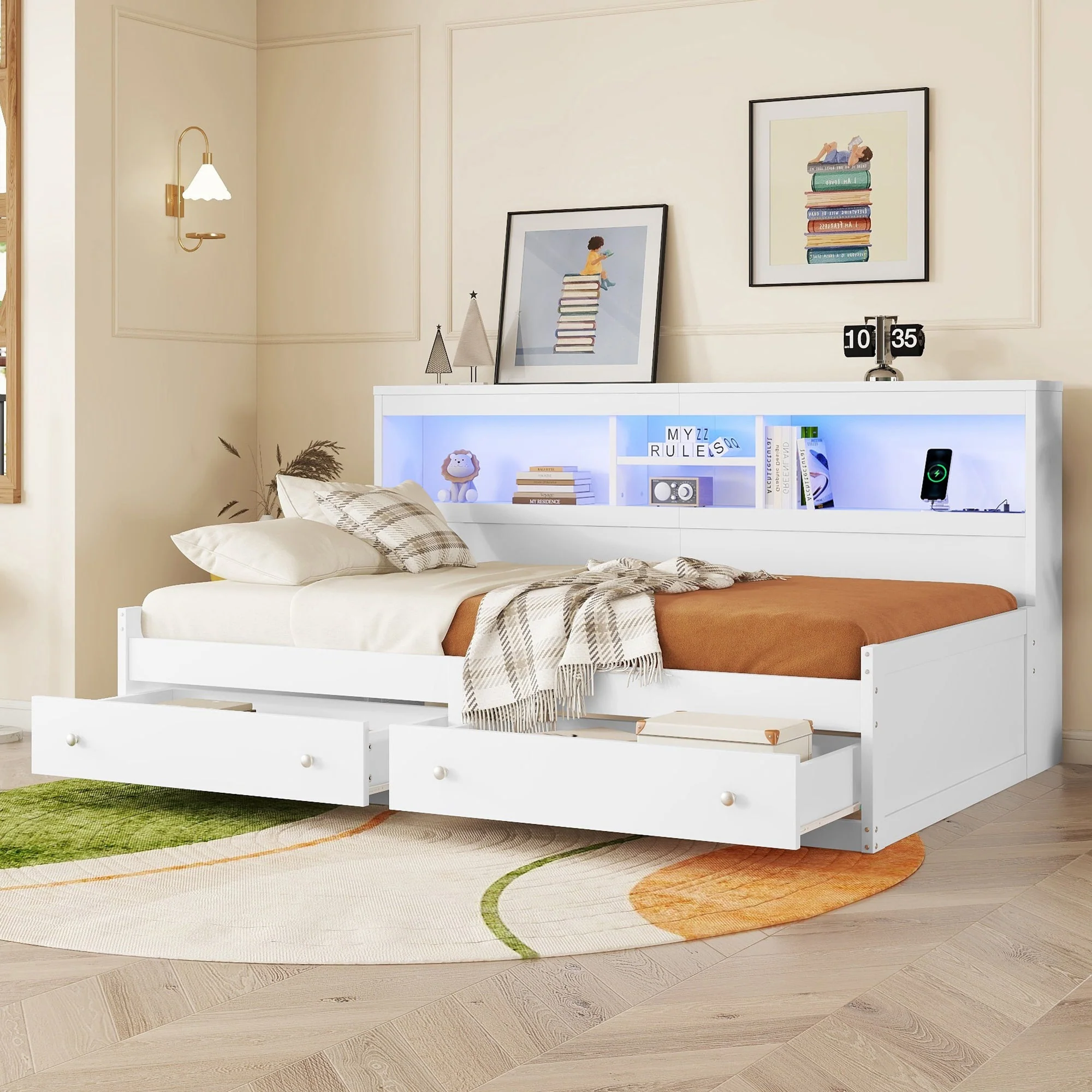 Daybed Sofa Bed 90x200cm Storage Drawers LED USB Charging - White Chipboard - Image 5