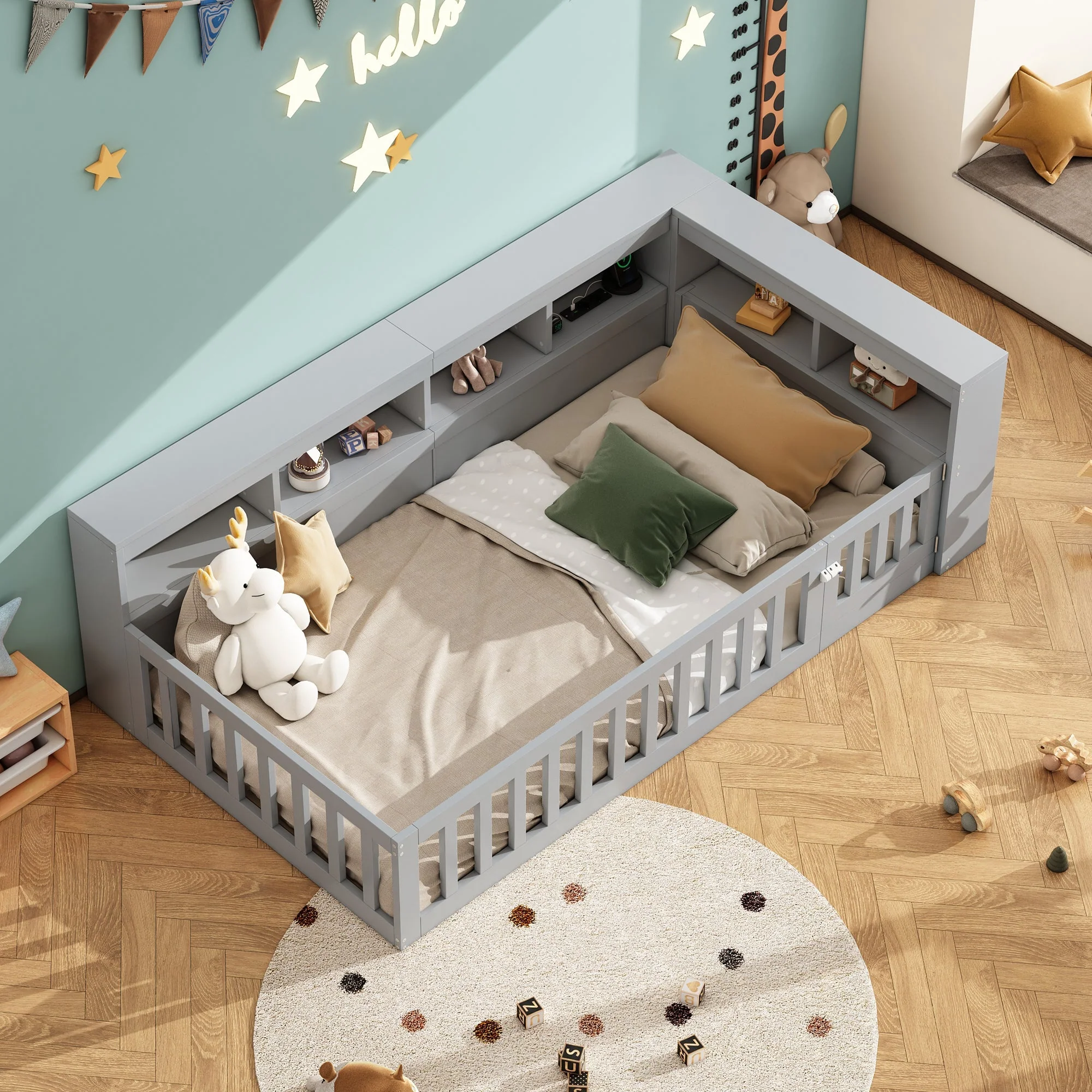 Daybed Sofa Bed 90x200cm Storage USB/Socket Railing - Grey - Image 5