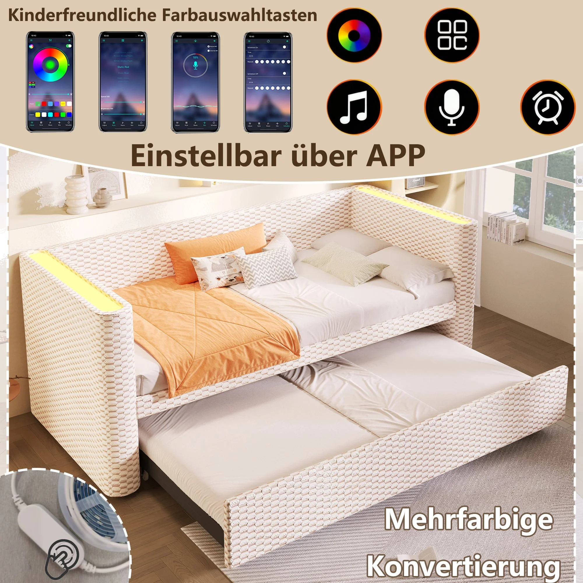 Daybed Sofa Bed, Multifunctional Pull-Out with LED Light, Velvet Beige - Image 2