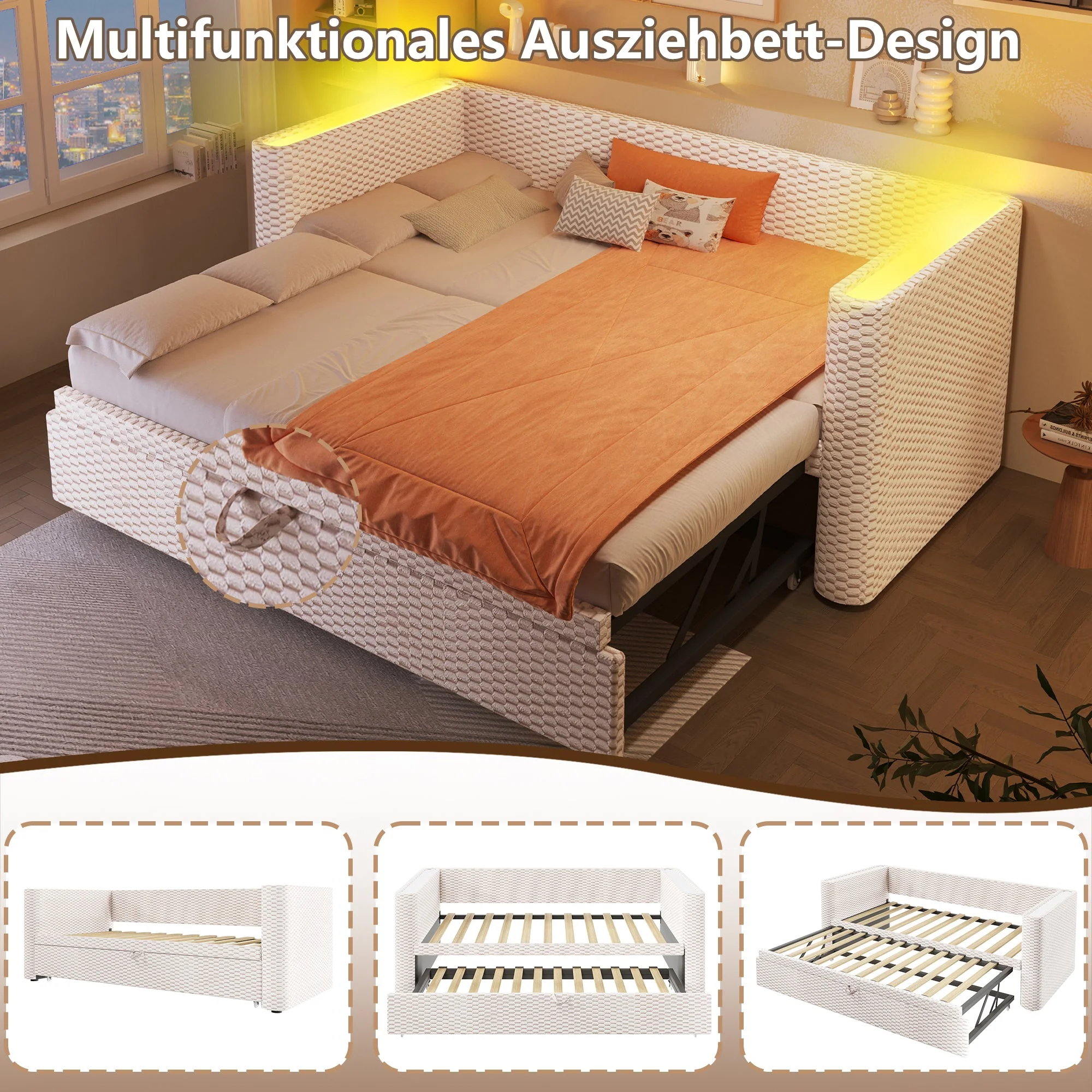 Daybed Sofa Bed, Multifunctional Pull-Out with LED Light, Velvet Beige - Image 3