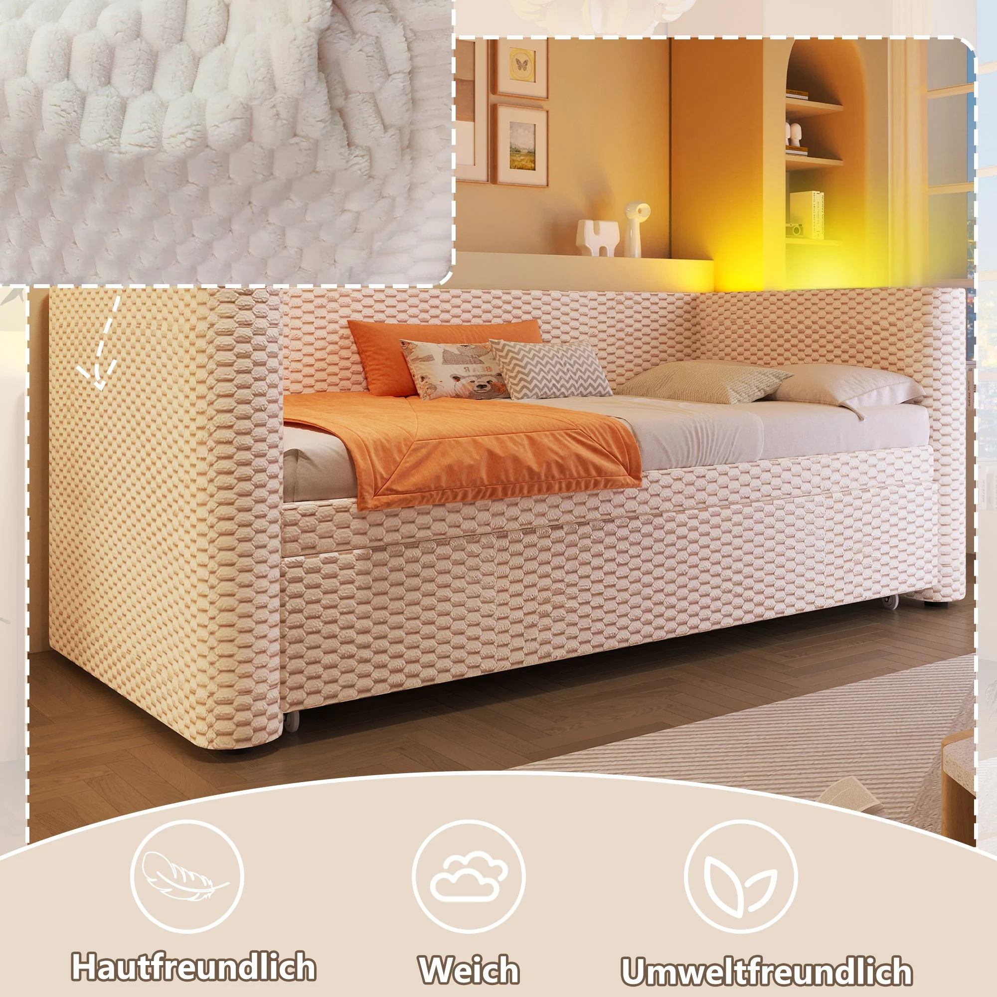 Daybed Sofa Bed, Multifunctional Pull-Out with LED Light, Velvet Beige - Image 4