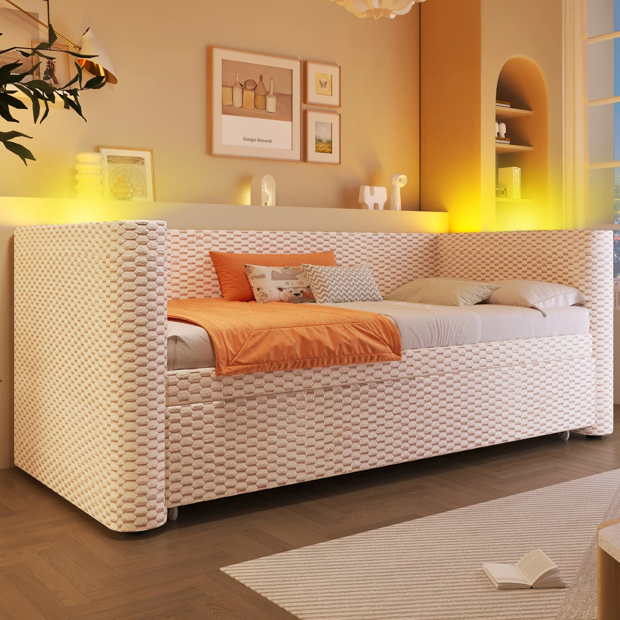 Daybed Sofa Bed, Multifunctional Pull-Out with LED Light, Velvet Beige - Image 6
