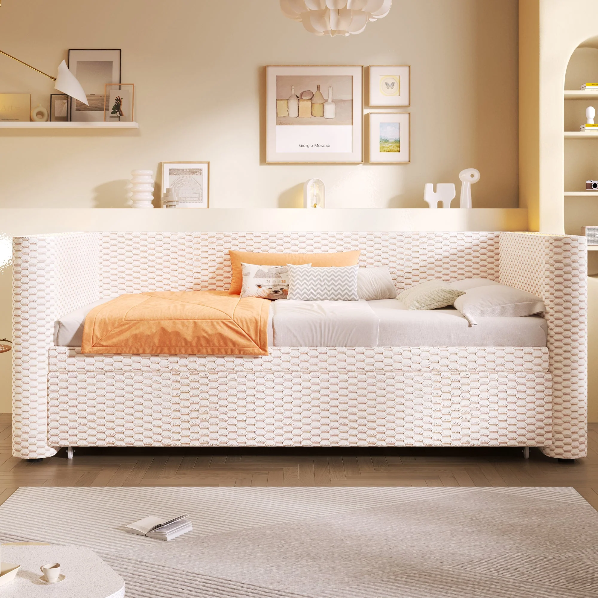Daybed Sofa Bed, Multifunctional Pull-Out with LED Light, Velvet Beige - Image 7
