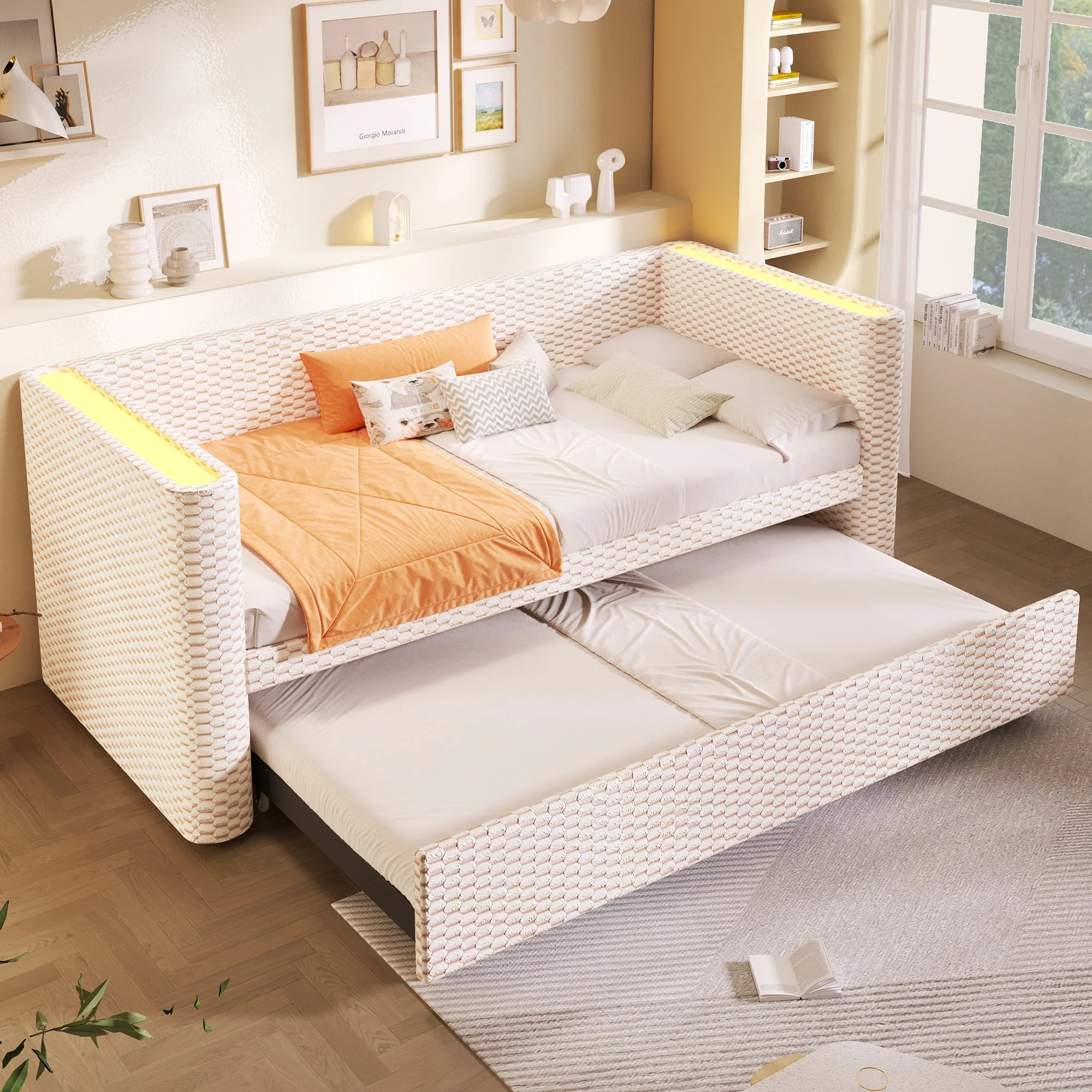 Daybed Sofa Bed, Multifunctional Pull-Out with LED Light, Velvet Beige - Image 8