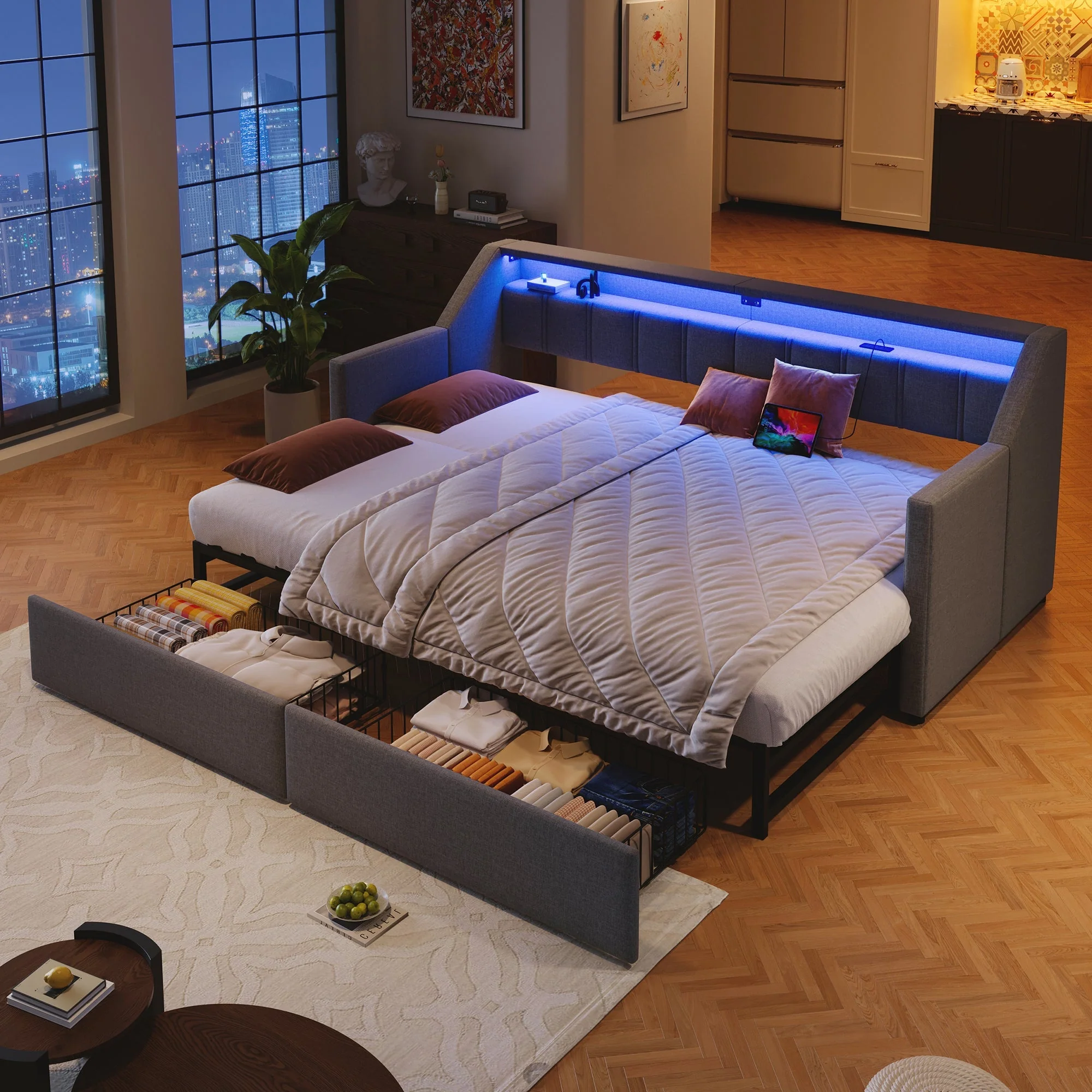 Daybed Sofa Bed Pull-out 90x200cm USB Type-C LED 2 Drawers Grey