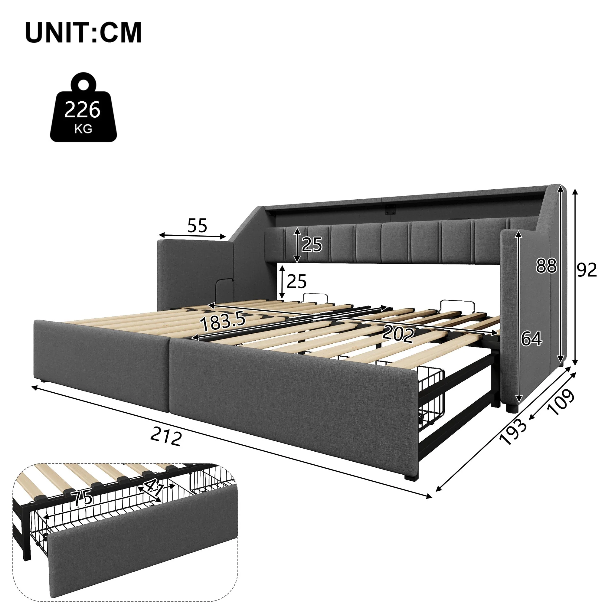 Daybed Sofa Bed Pull-out 90x200cm USB Type-C LED 2 Drawers Grey - Image 10