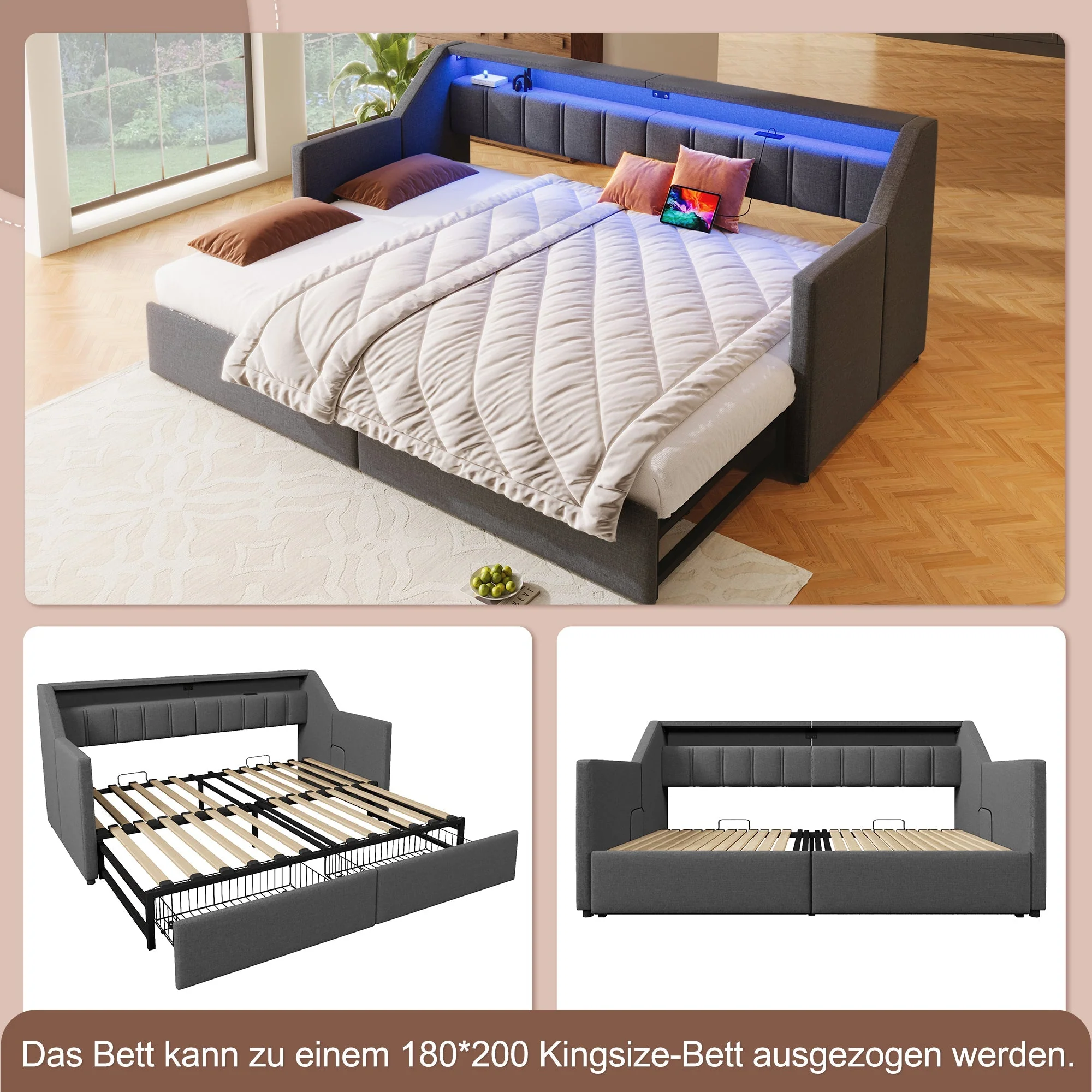Daybed Sofa Bed Pull-out 90x200cm USB Type-C LED 2 Drawers Grey - Image 2
