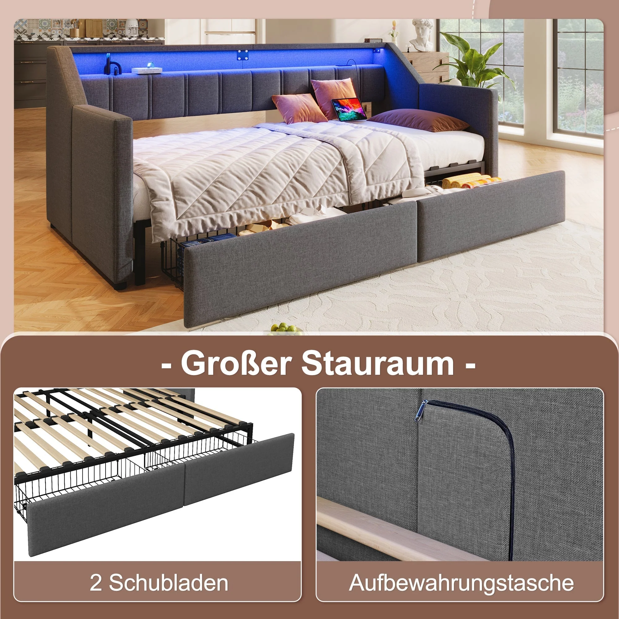 Daybed Sofa Bed Pull-out 90x200cm USB Type-C LED 2 Drawers Grey - Image 3