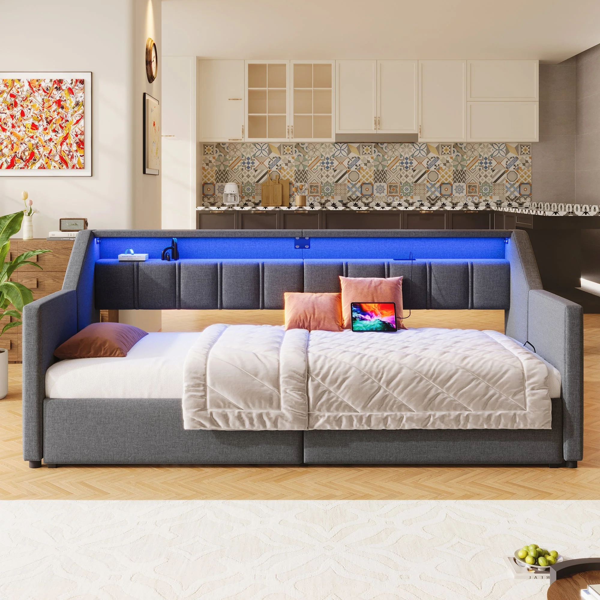 Daybed Sofa Bed Pull-out 90x200cm USB Type-C LED 2 Drawers Grey - Image 5