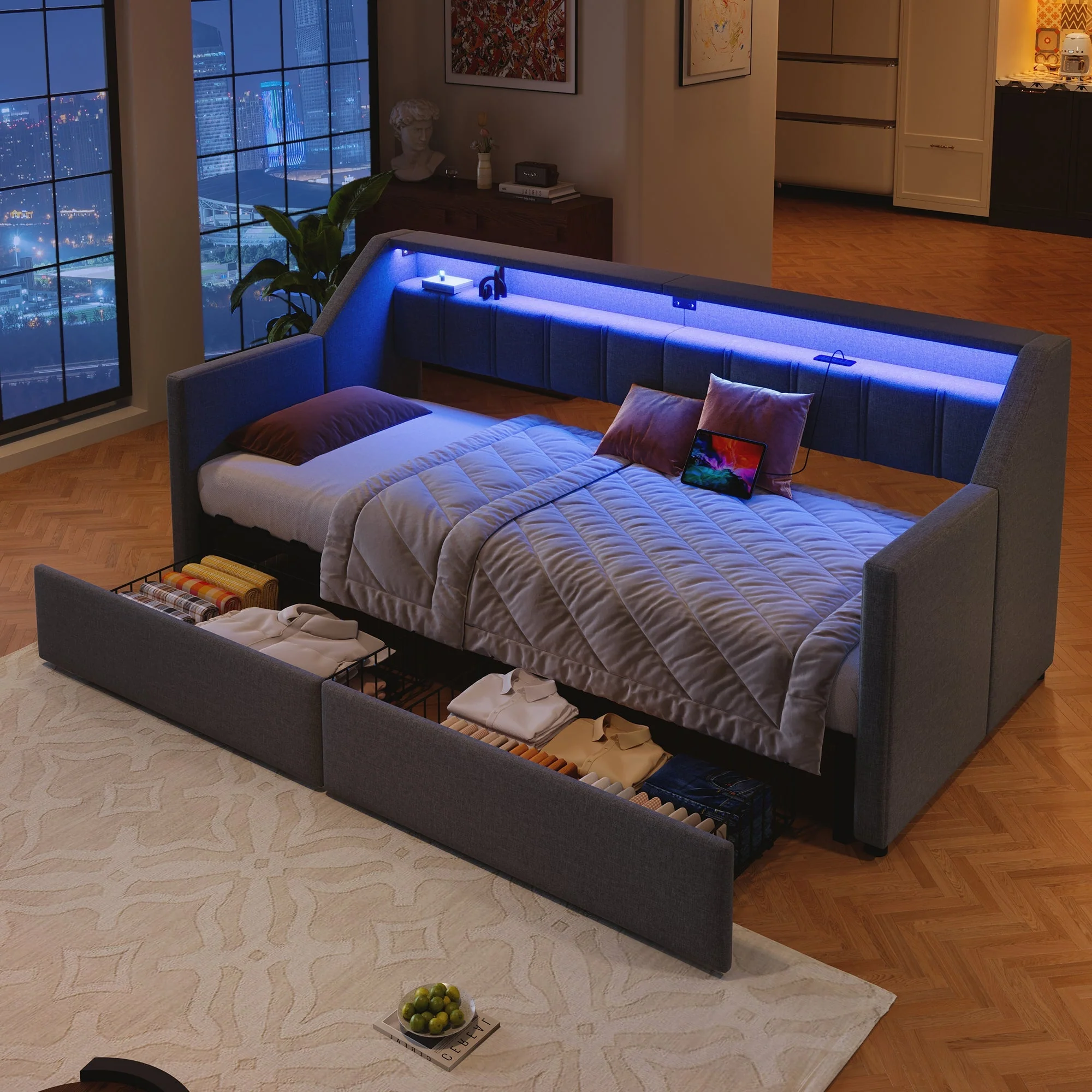 Daybed Sofa Bed Pull-out 90x200cm USB Type-C LED 2 Drawers Grey - Image 6