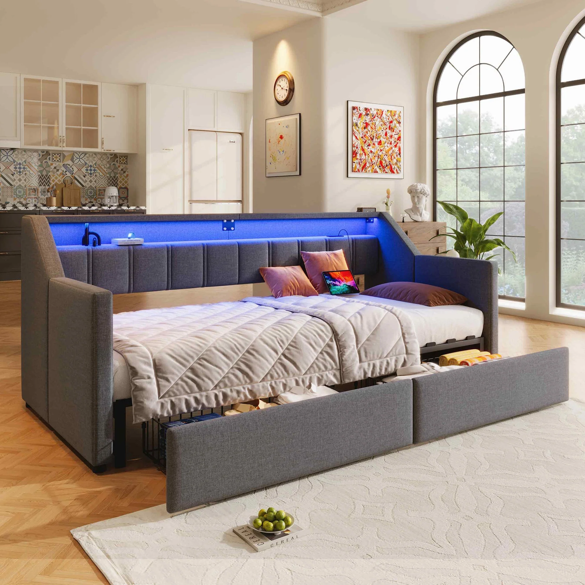 Daybed Sofa Bed Pull-out 90x200cm USB Type-C LED 2 Drawers Grey - Image 7