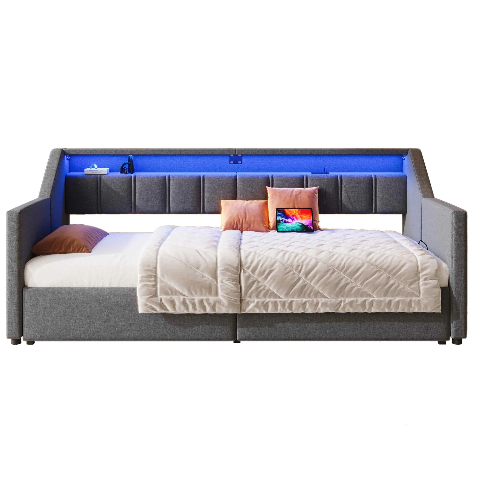 Daybed Sofa Bed Pull-out 90x200cm USB Type-C LED 2 Drawers Grey - Image 8