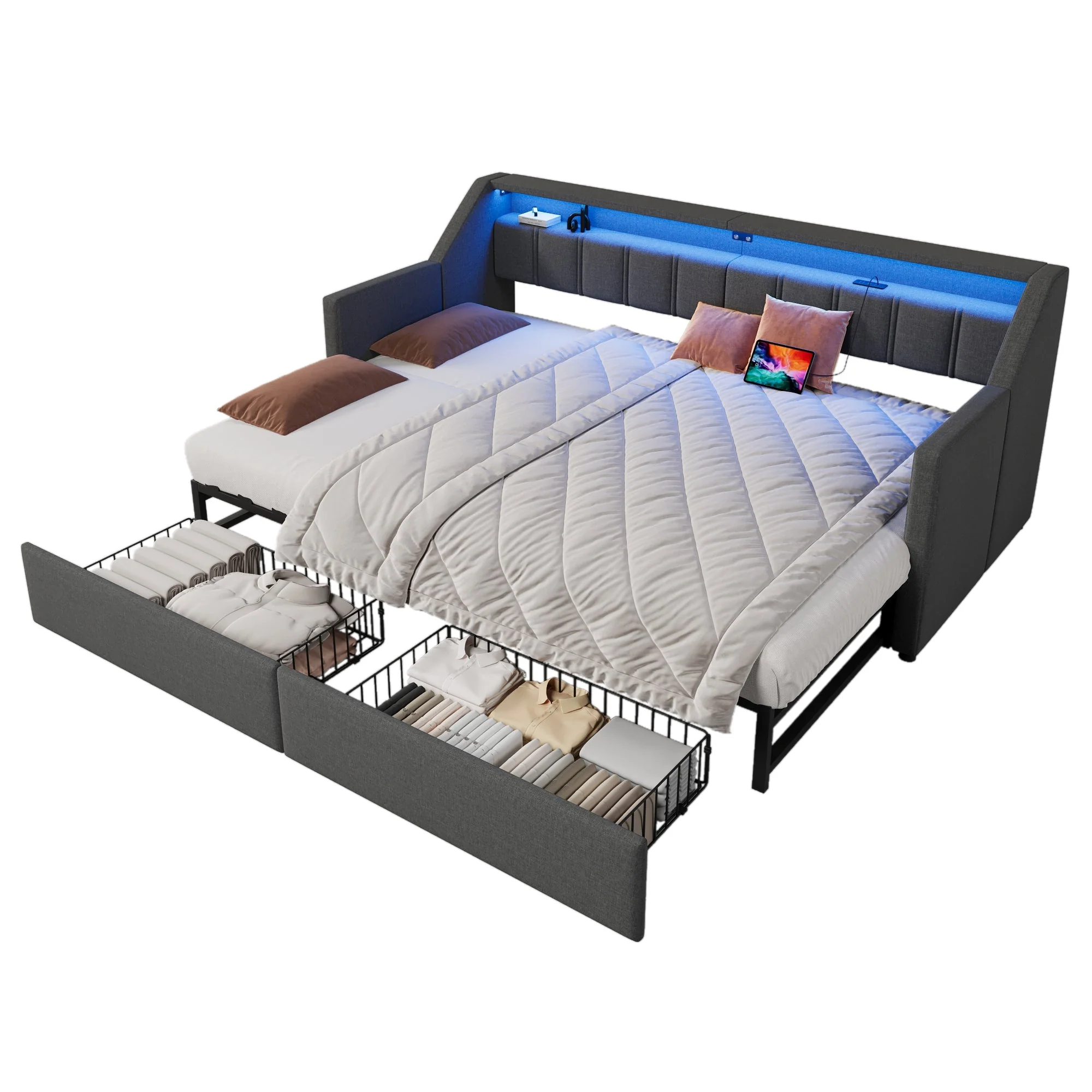Daybed Sofa Bed Pull-out 90x200cm USB Type-C LED 2 Drawers Grey - Image 9