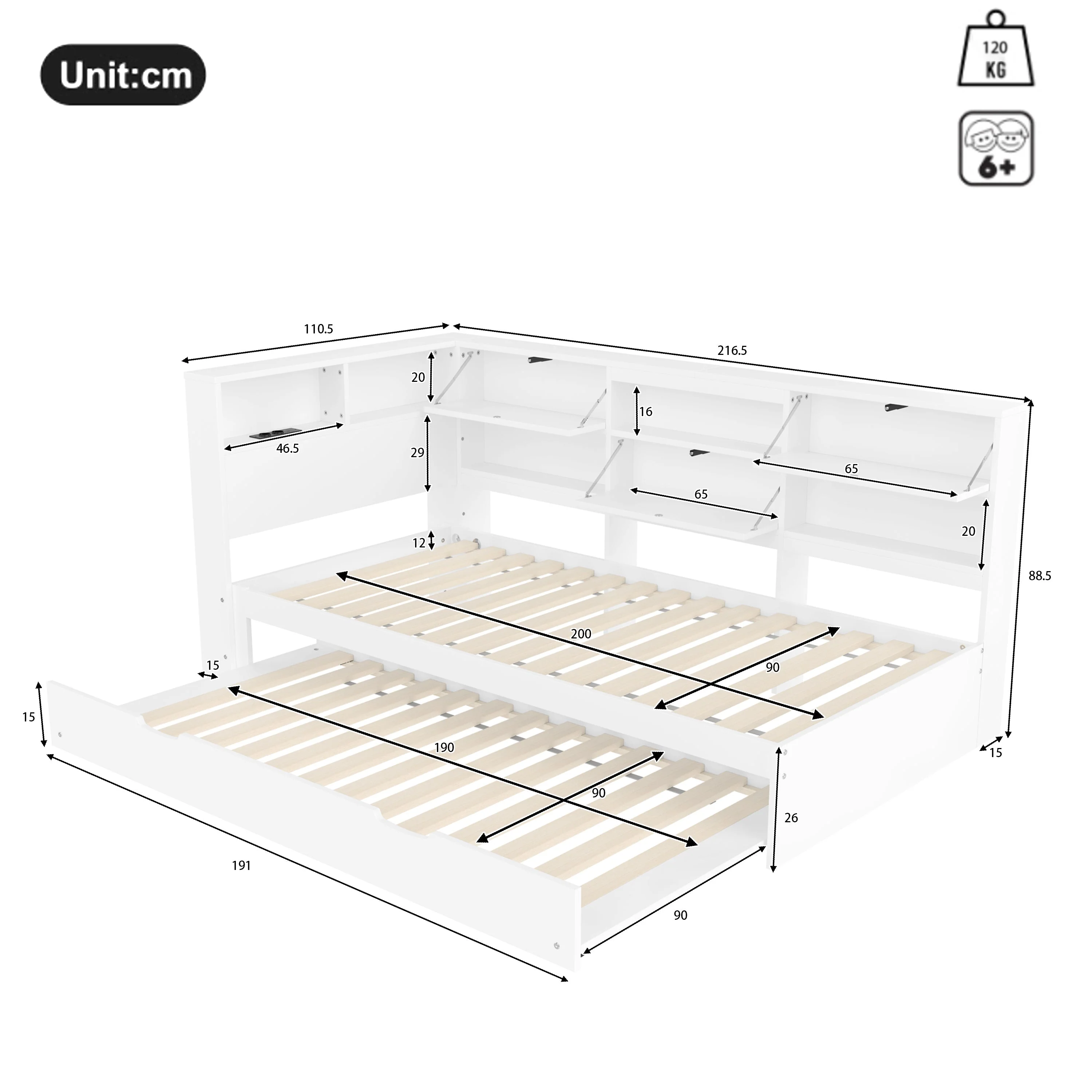 Daybed Sofa Bed with 90x200cm Storage Headboard and Extendable Bed, White - Image 6