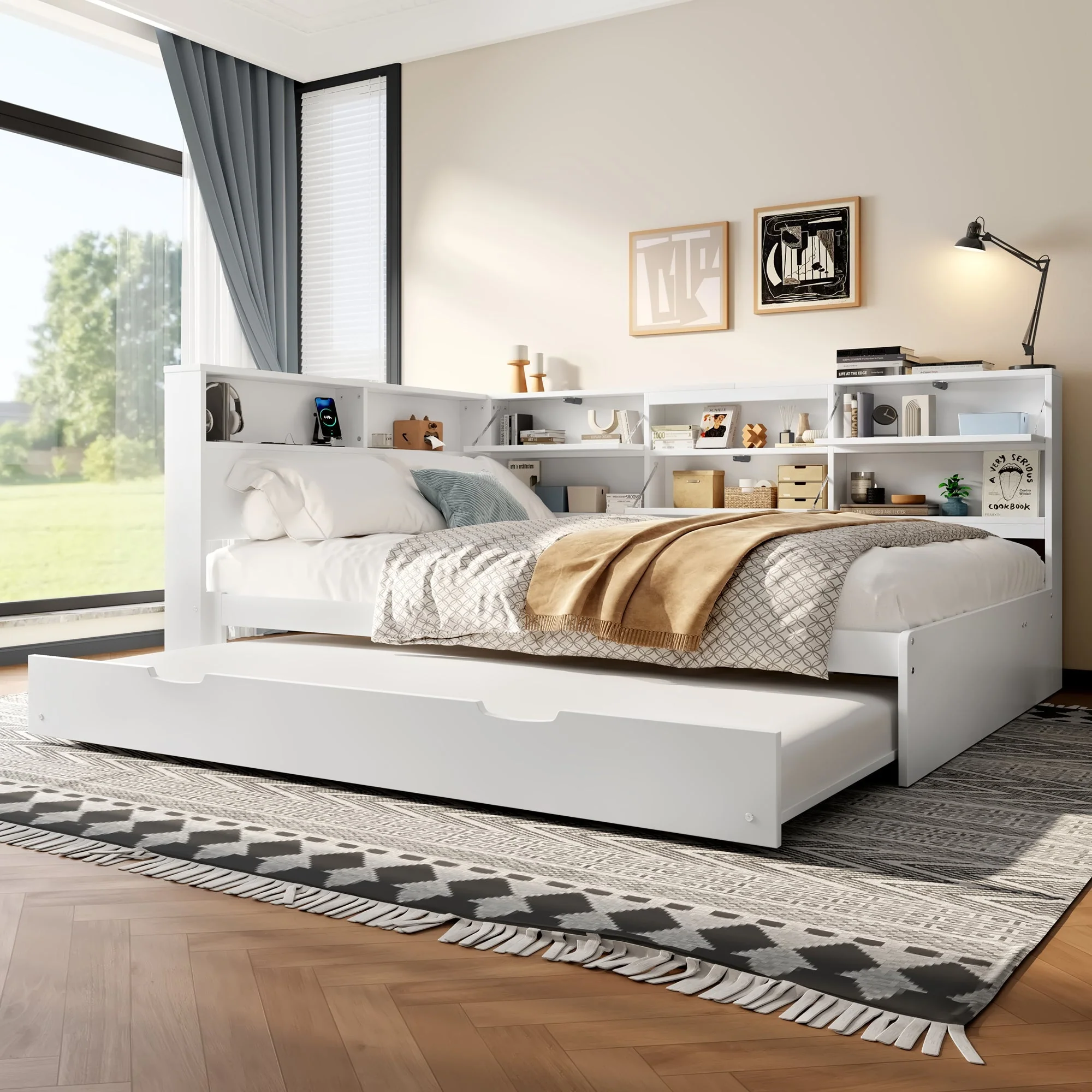 Daybed Sofa Bed with Storage Headboard and Extendable Trundle, 140x200cm, White - Image 3