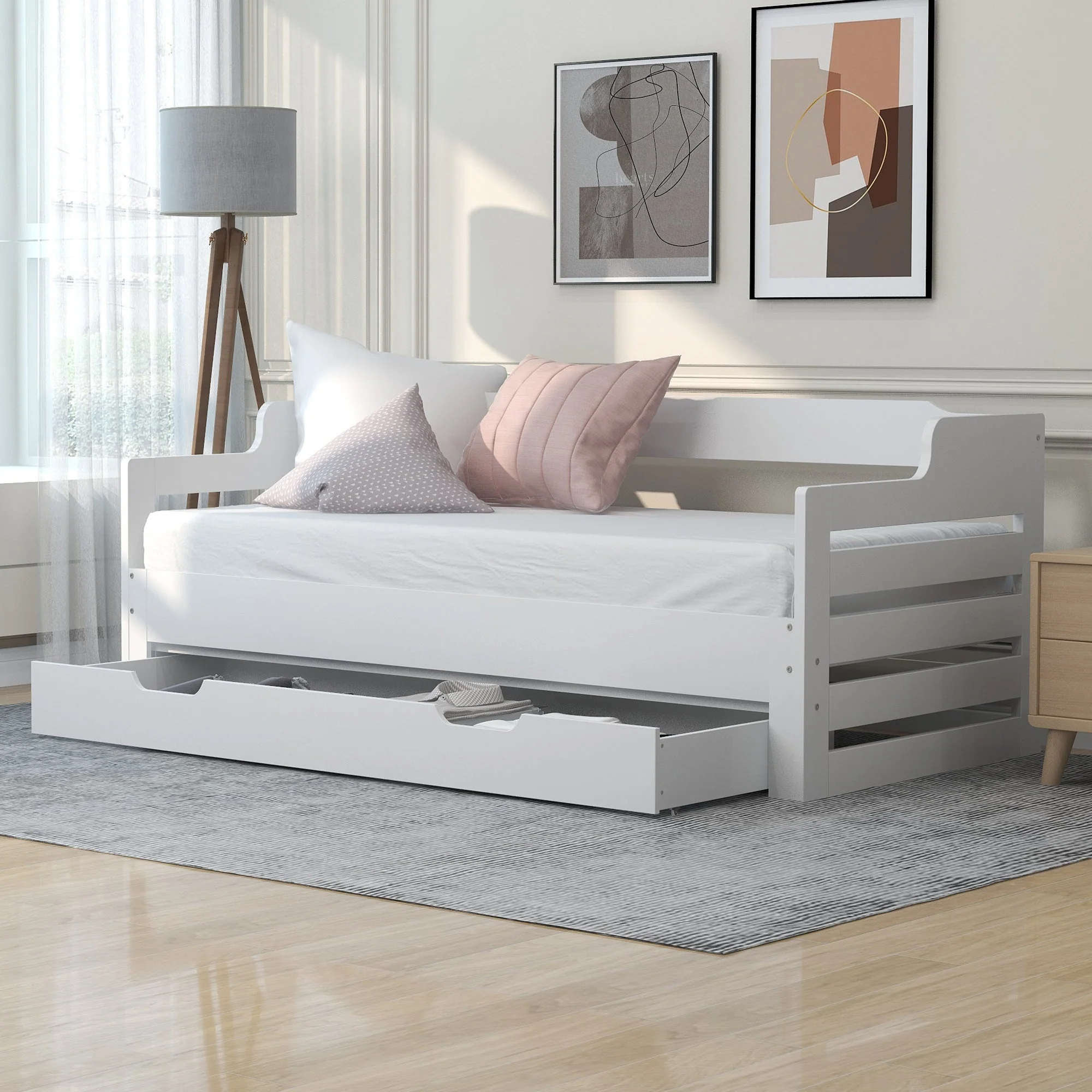 Daybed, Trundle and Drawer, Cabin Bed, Single Guest Sofa Bed with Pull-out Trundle and Storage, 90x190cm, White - Image 3